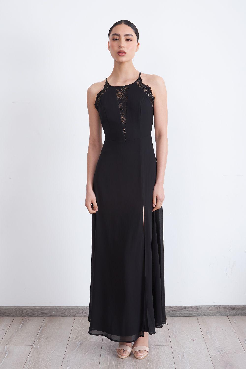 Vestido Largo Halter Detalle Encaje Negro Nicopoly-0