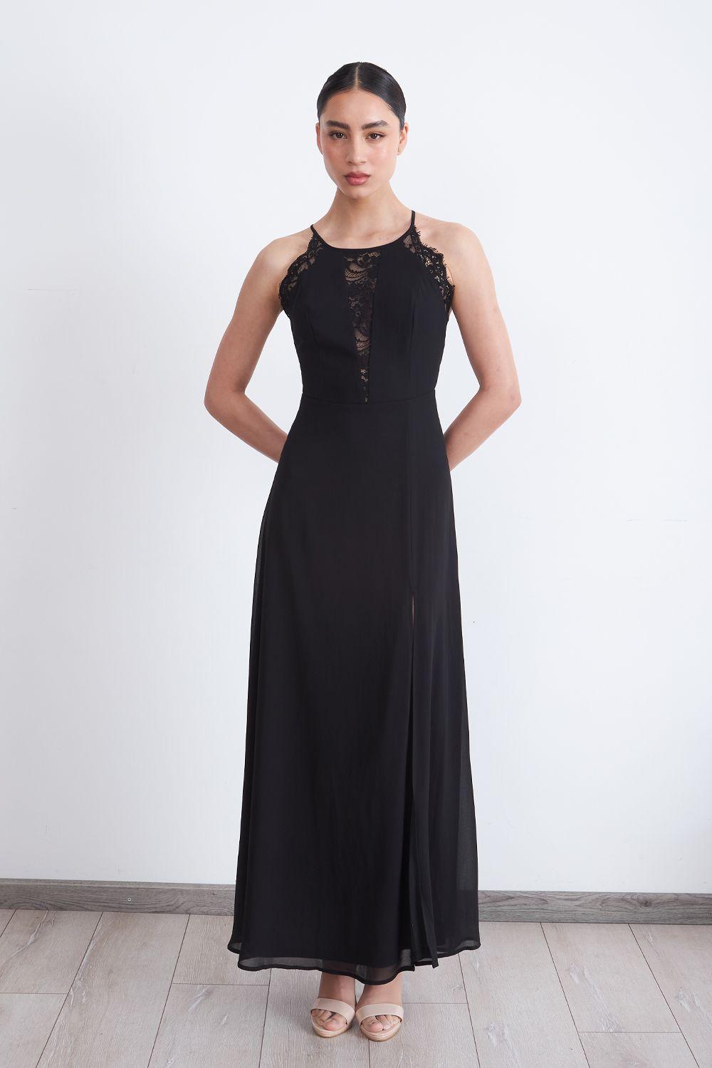 Vestido Largo Halter Detalle Encaje Negro Nicopoly-1