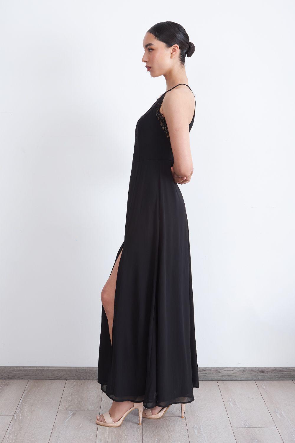 Vestido Largo Halter Detalle Encaje Negro Nicopoly-2