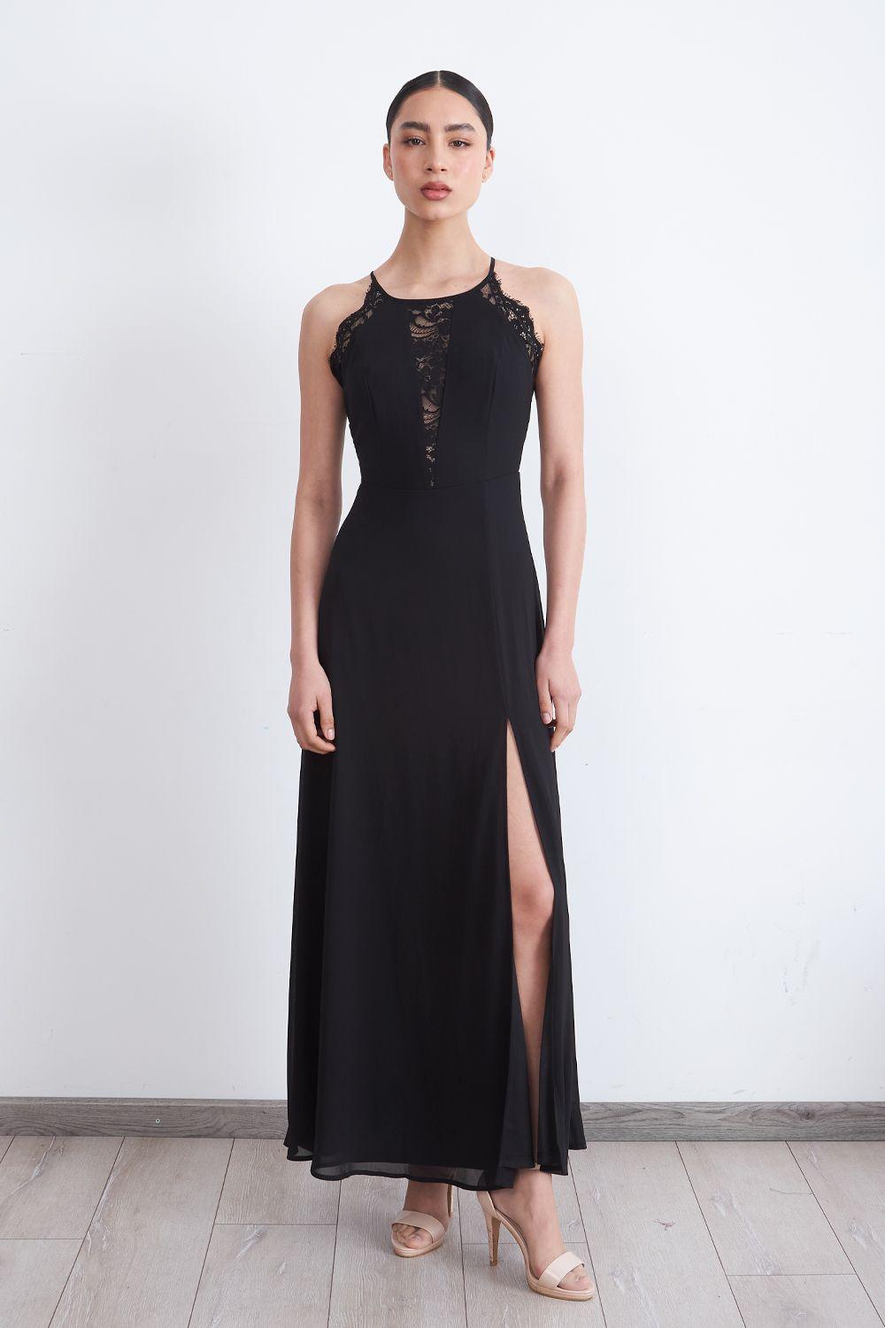 Vestido Largo Halter Detalle Encaje Negro Nicopoly-4
