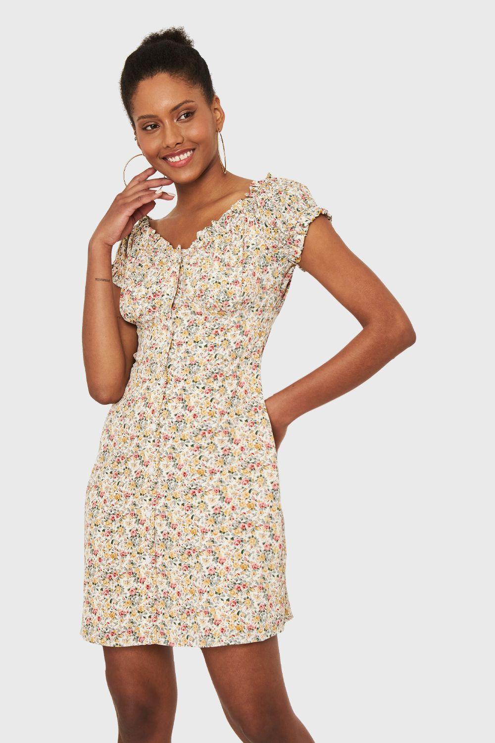 Vestido Corto Ditsy Flores Beige Nicopoly-0
