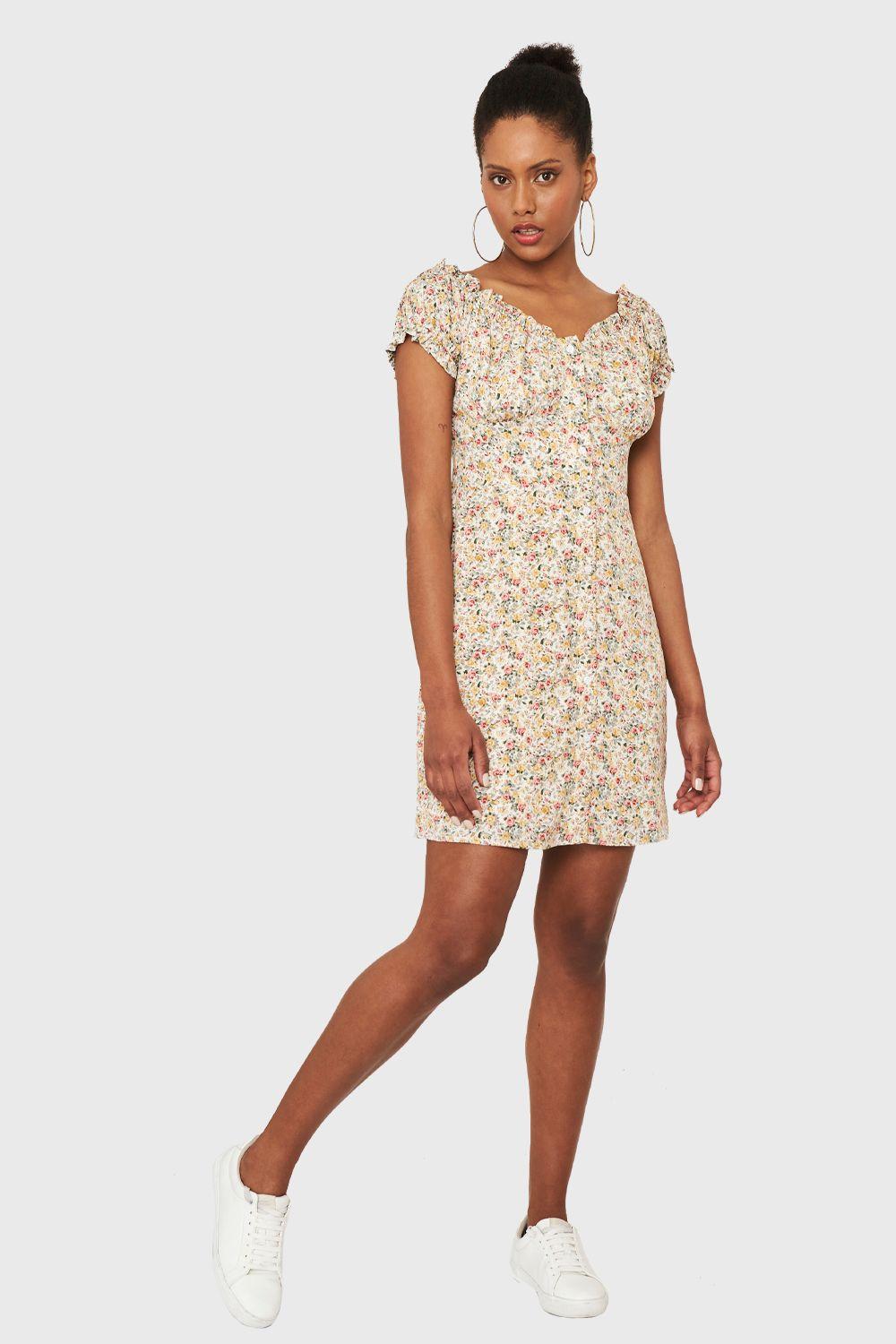 Vestido Corto Ditsy Flores Beige Nicopoly-1