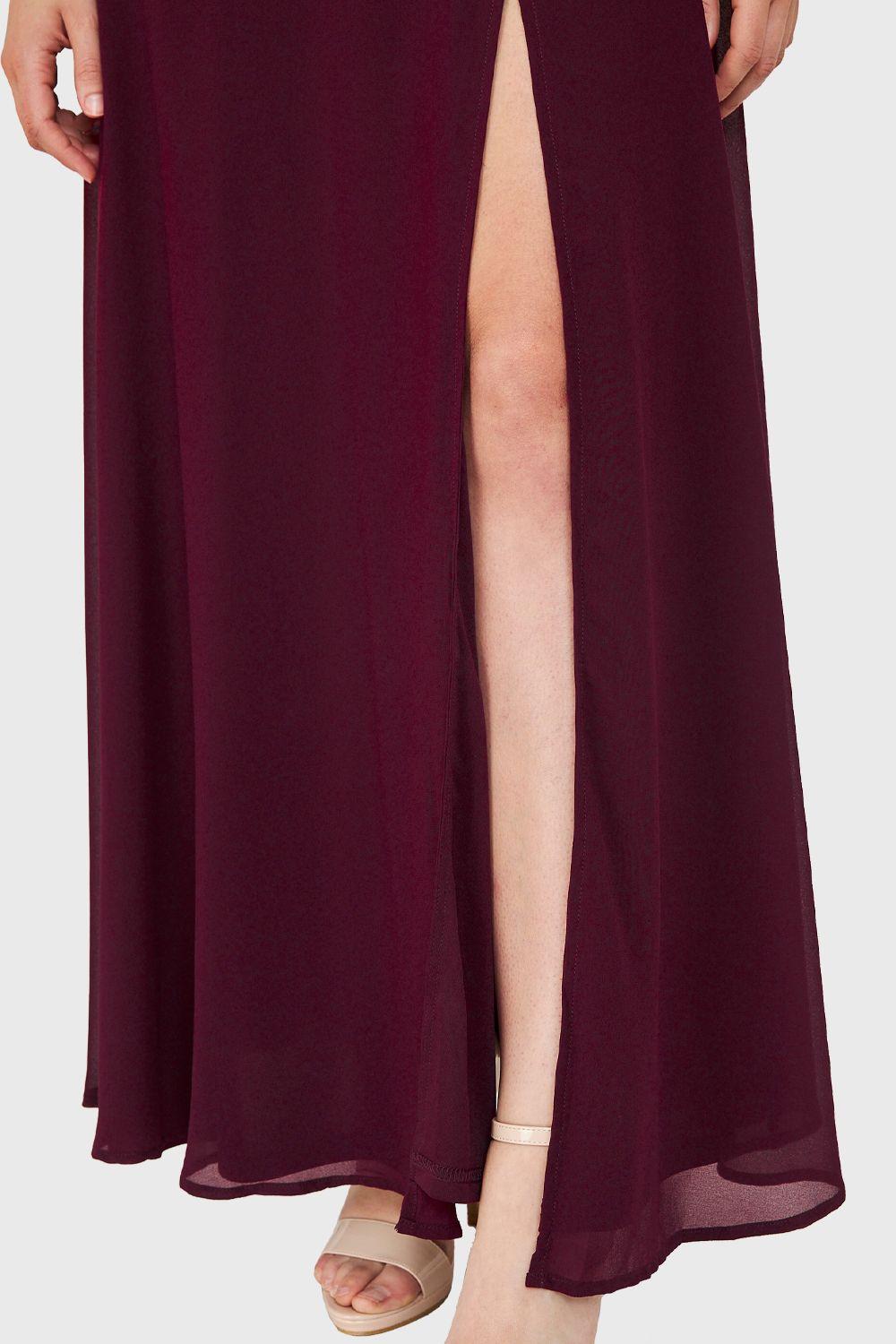 Vestido Detalles Encaje y Tajo Burdeo Nicopoly-5