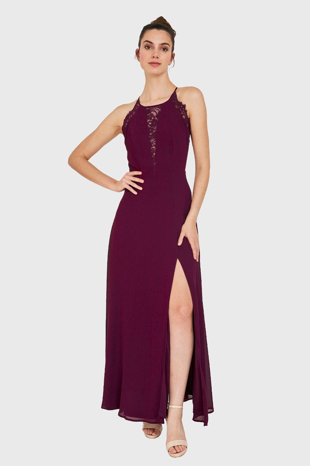 Vestido Detalles Encaje y Tajo Burdeo Nicopoly-0