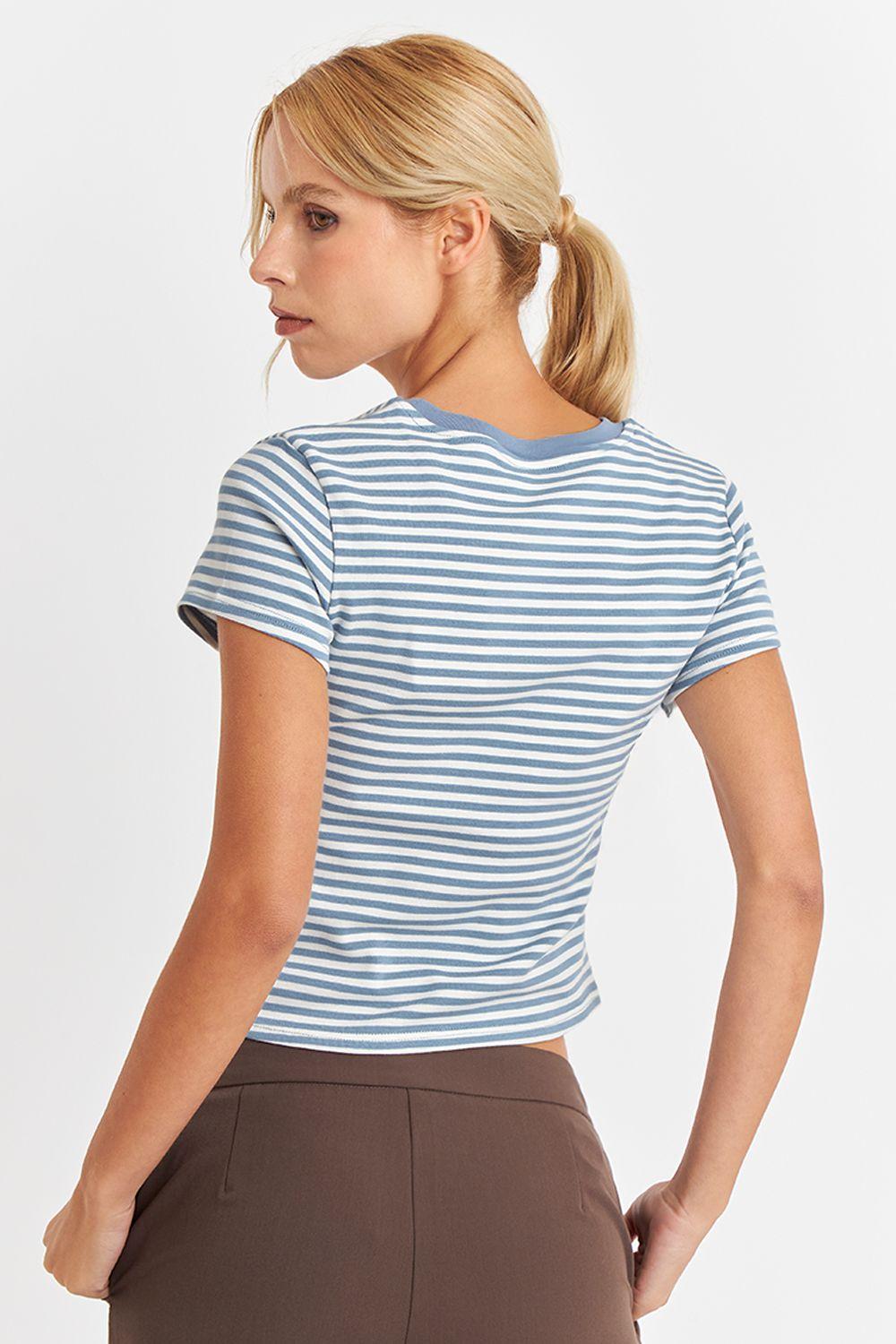 Polera Básica Cuello Redondo Líneas Celeste Nicopoly-3