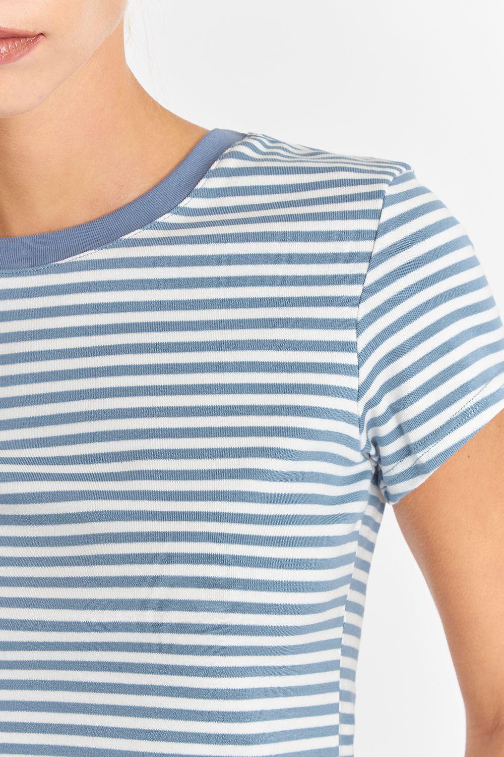 Polera Básica Cuello Redondo Líneas Celeste Nicopoly-5