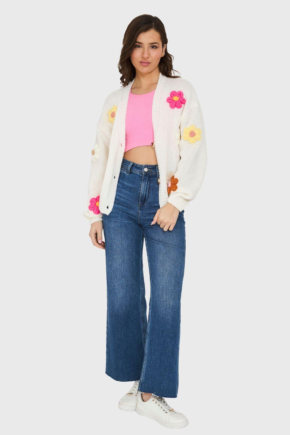 Cárdigan Flores 3D Blanco Nicopoly-1