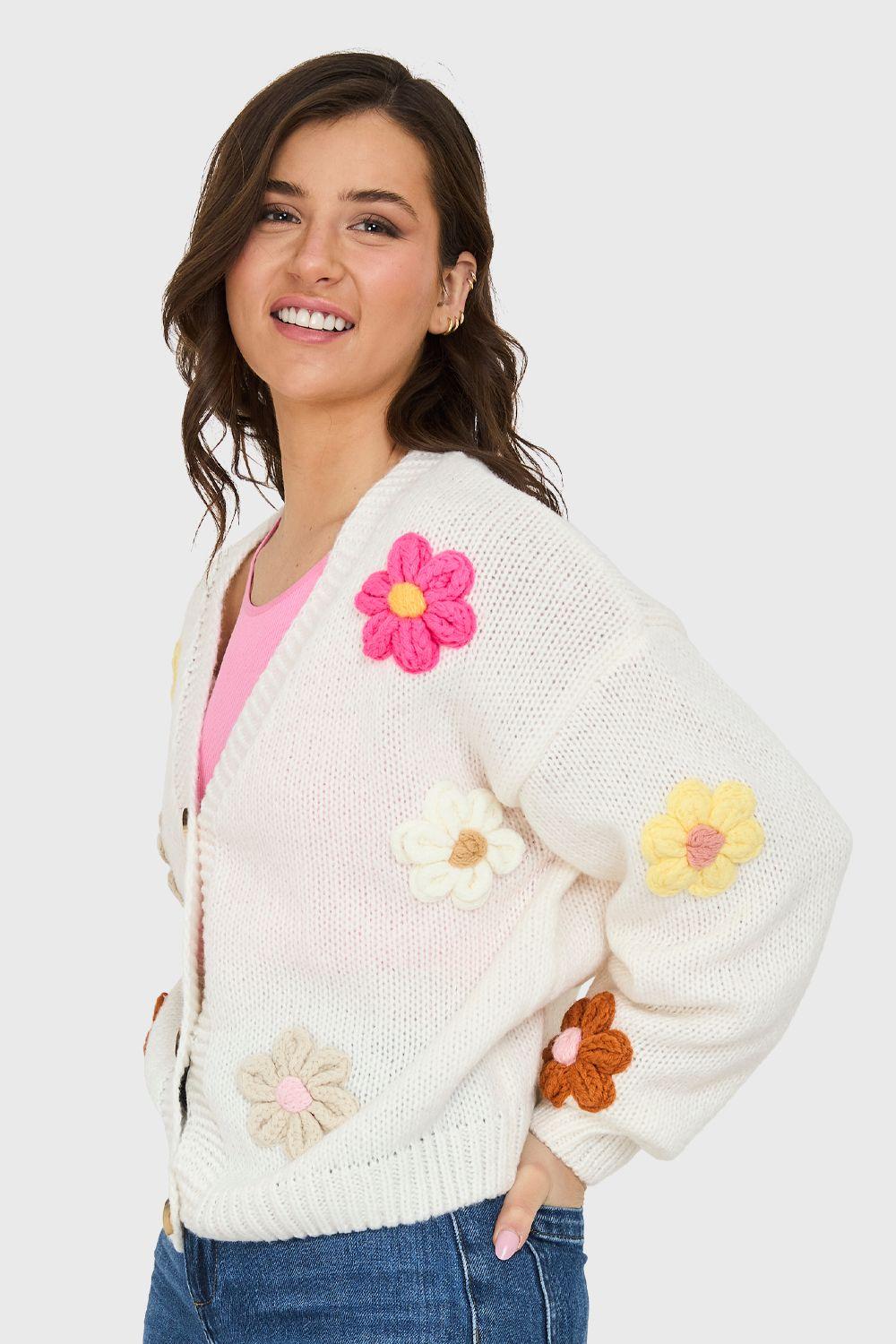 Cárdigan Flores 3D Blanco Nicopoly-2