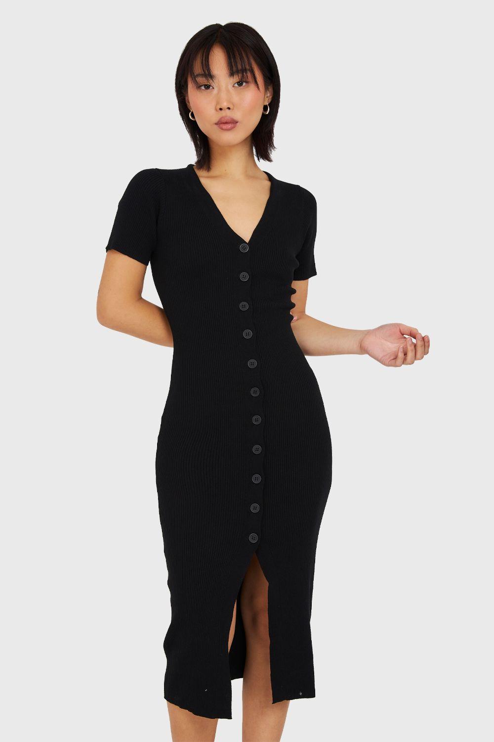 Vestido Acanalado Con Botones Negro Nicopoly-0