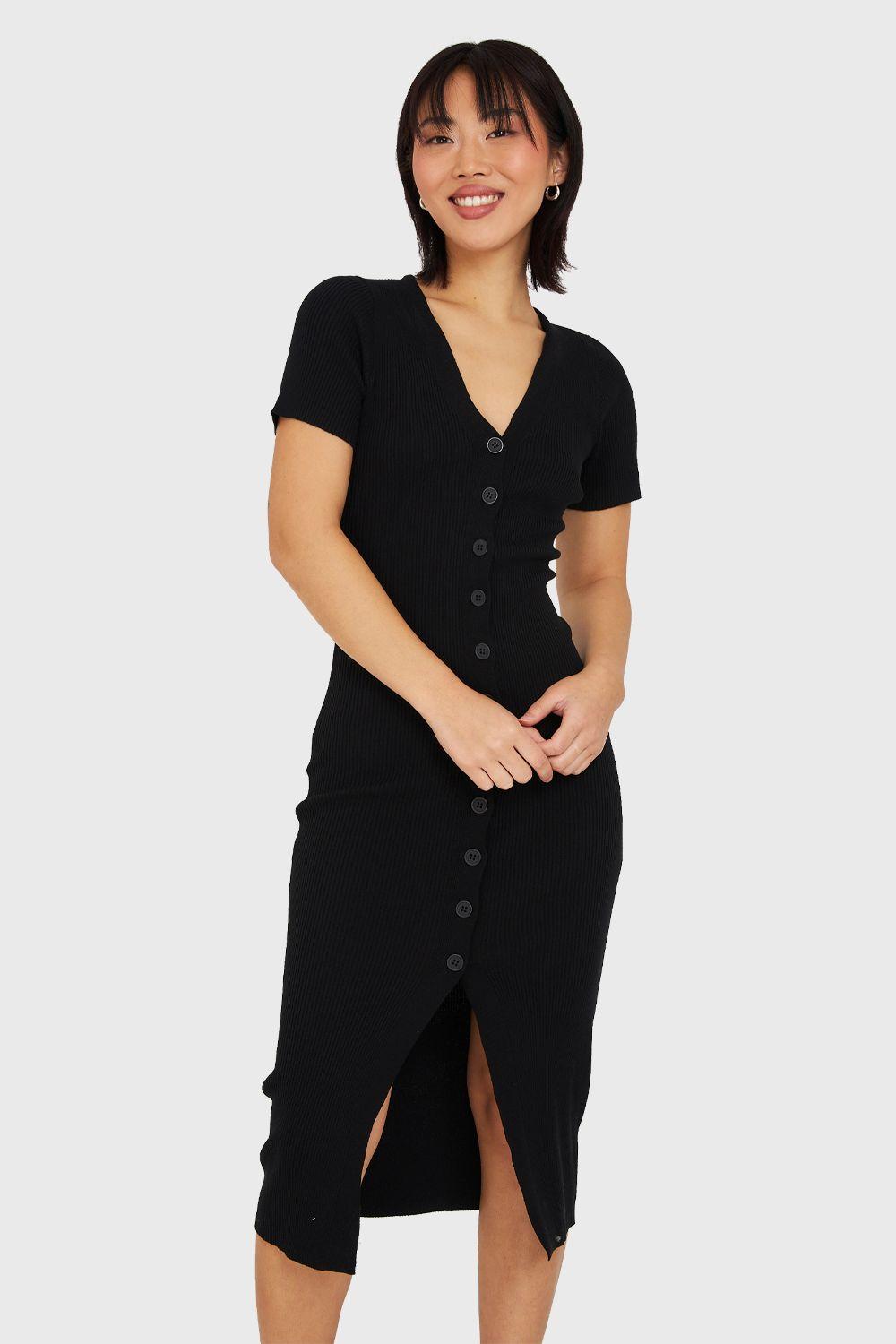 Vestido Acanalado Con Botones Negro Nicopoly-4