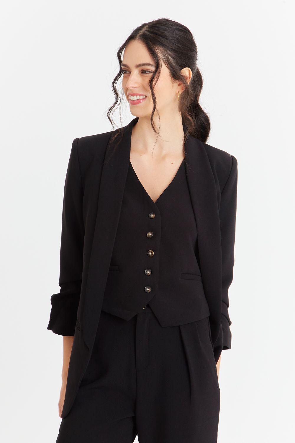 Blazer Manga 3/4 Ajustada Con Pliegues Negro-0