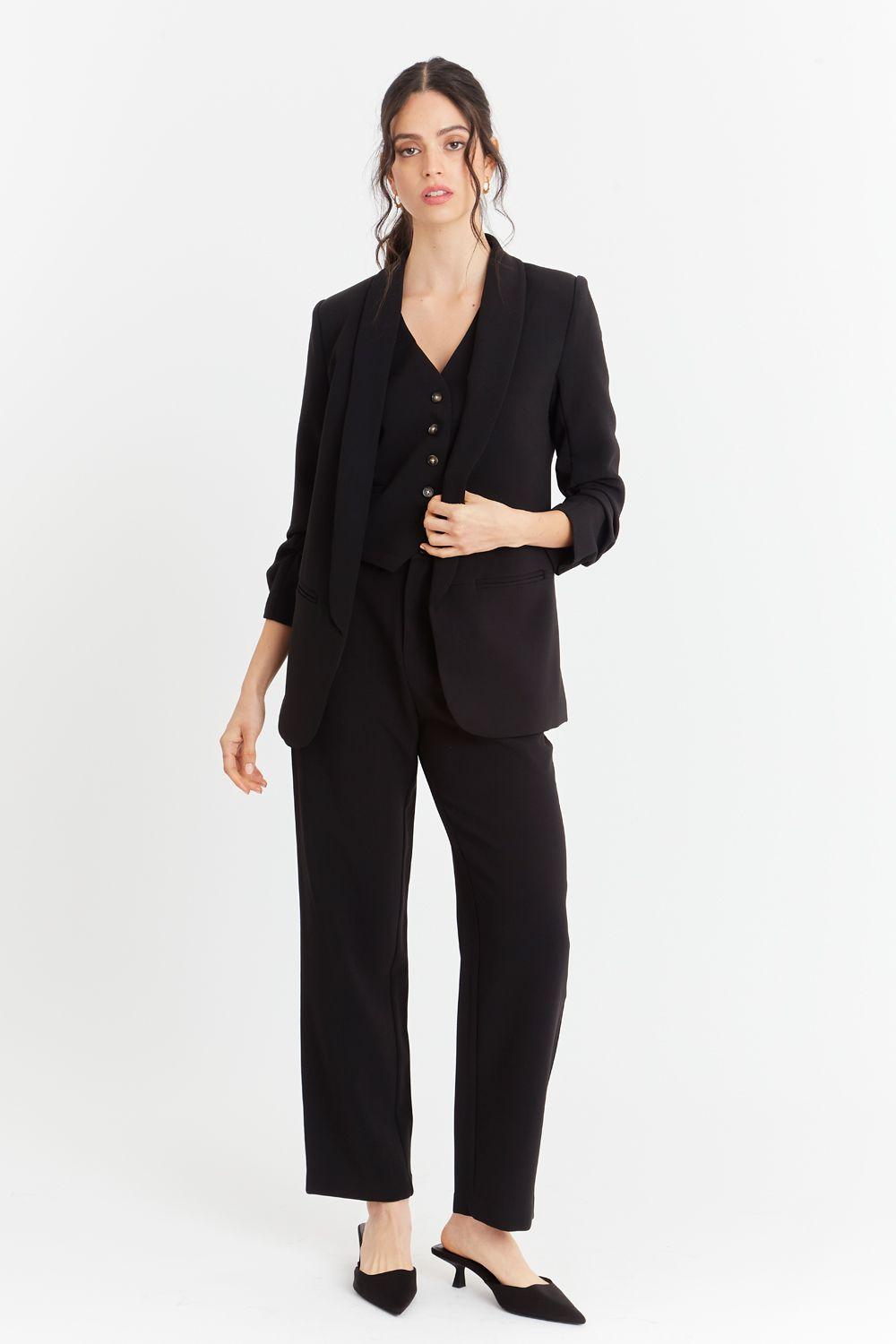 Blazer Manga 3/4 Ajustada Con Pliegues Negro-1