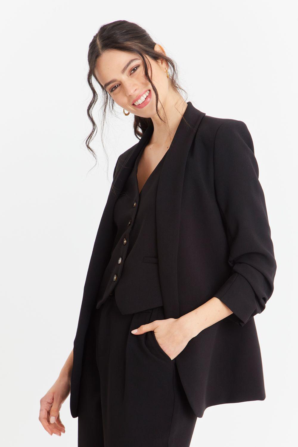 Blazer Manga 3/4 Ajustada Con Pliegues Negro-2