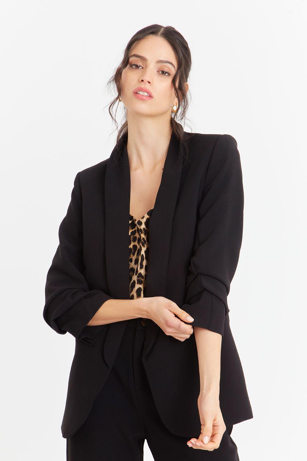 Blazer Manga 3/4 Ajustada Con Pliegues Negro-4