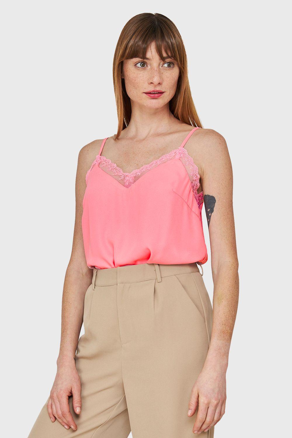 Blusa Escote V Encaje Rosado Nicopoly-2