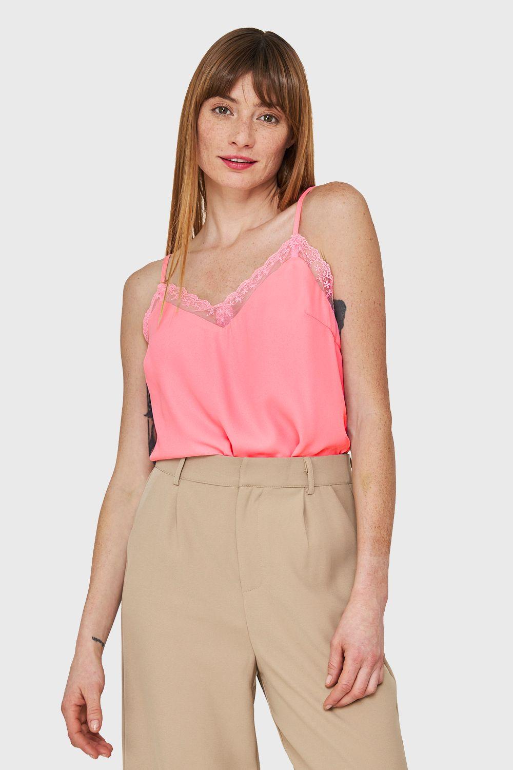Blusa Escote V Encaje Rosado Nicopoly-0