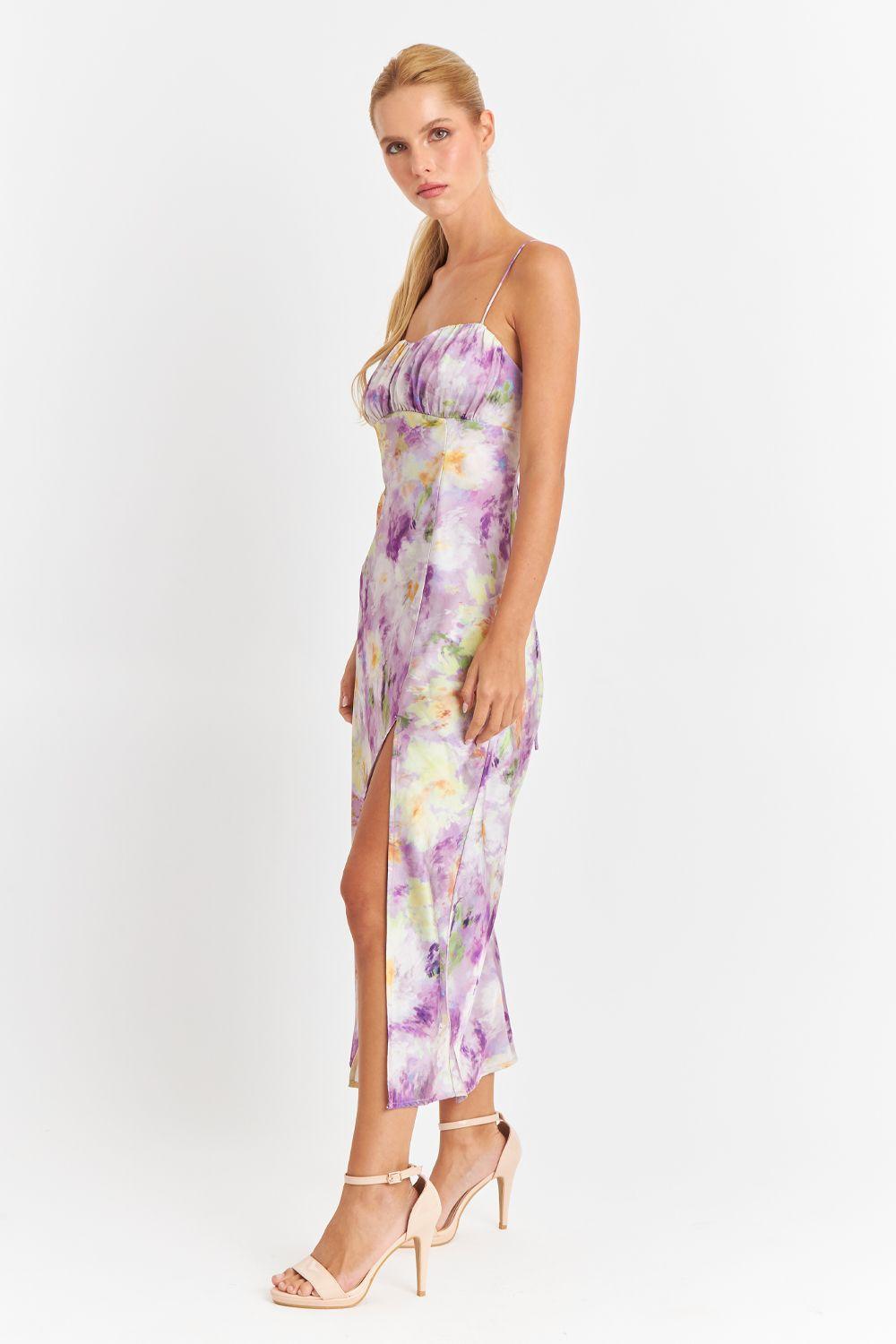 Vestido Satinado Escote Fruncido Lila Nicopoly-2