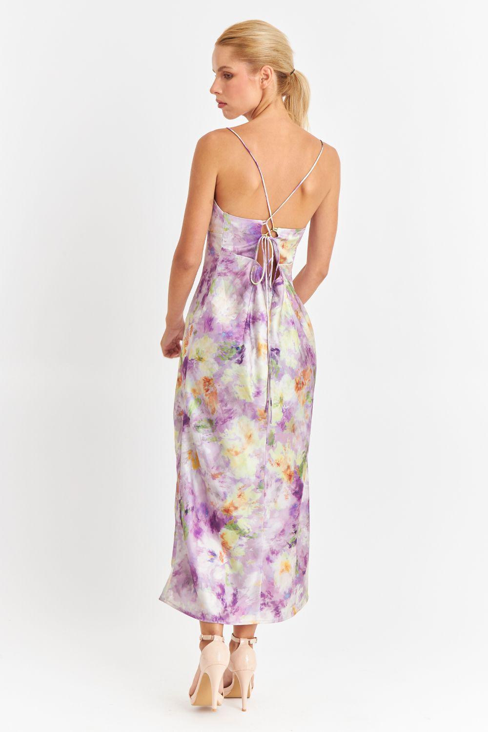 Vestido Satinado Escote Fruncido Lila Nicopoly-3