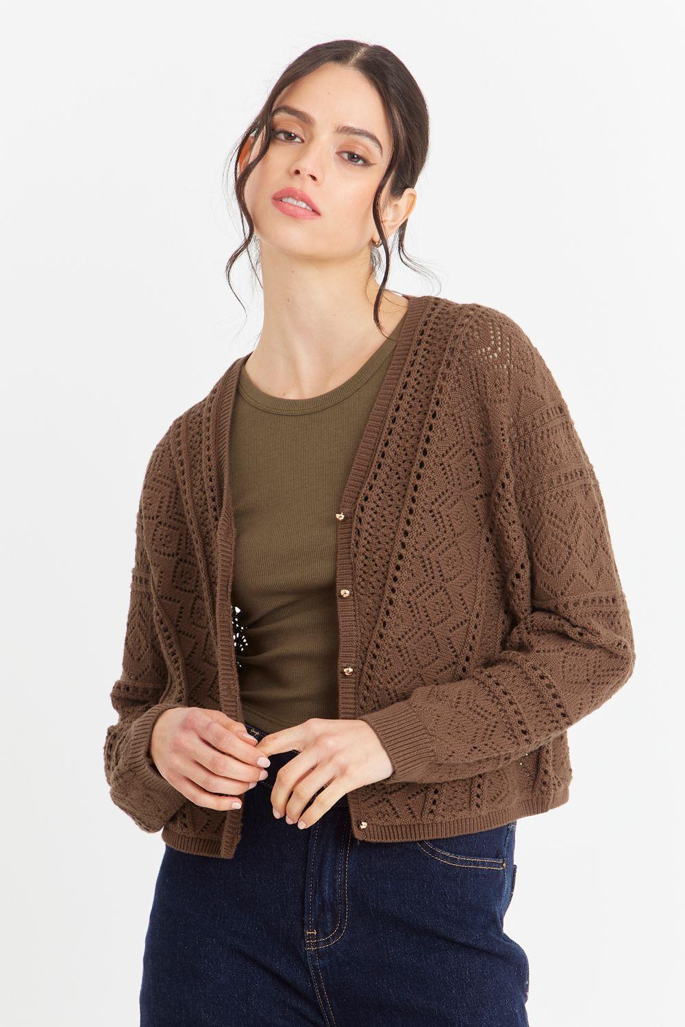 Cárdigan Tipo Crochet Botones Dorados Café Nicopoly-0