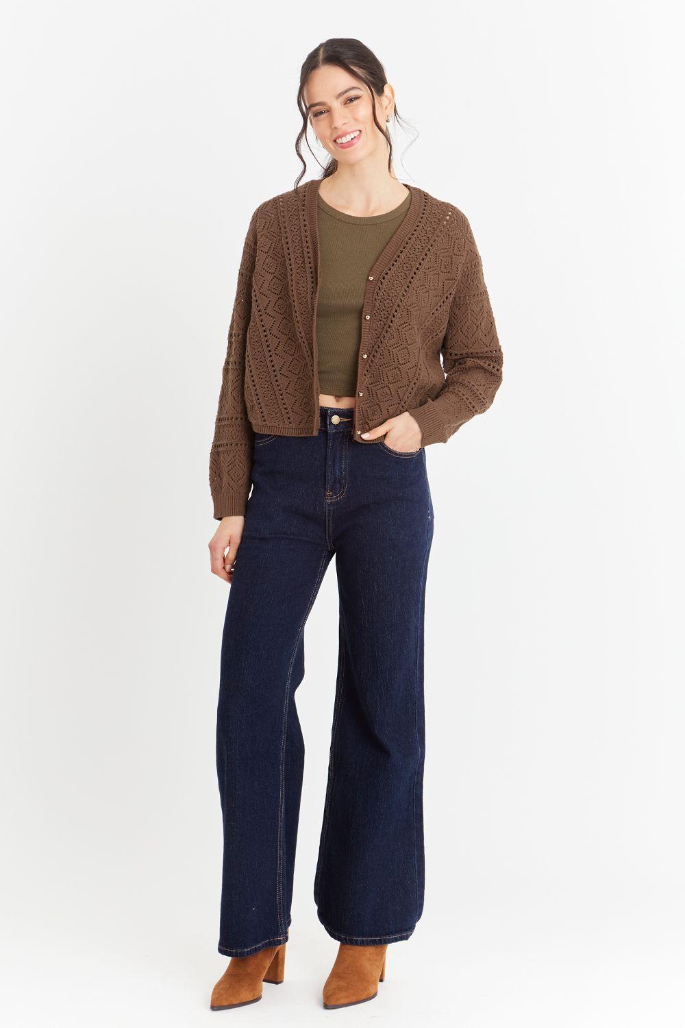 Cárdigan Tipo Crochet Botones Dorados Café Nicopoly-1