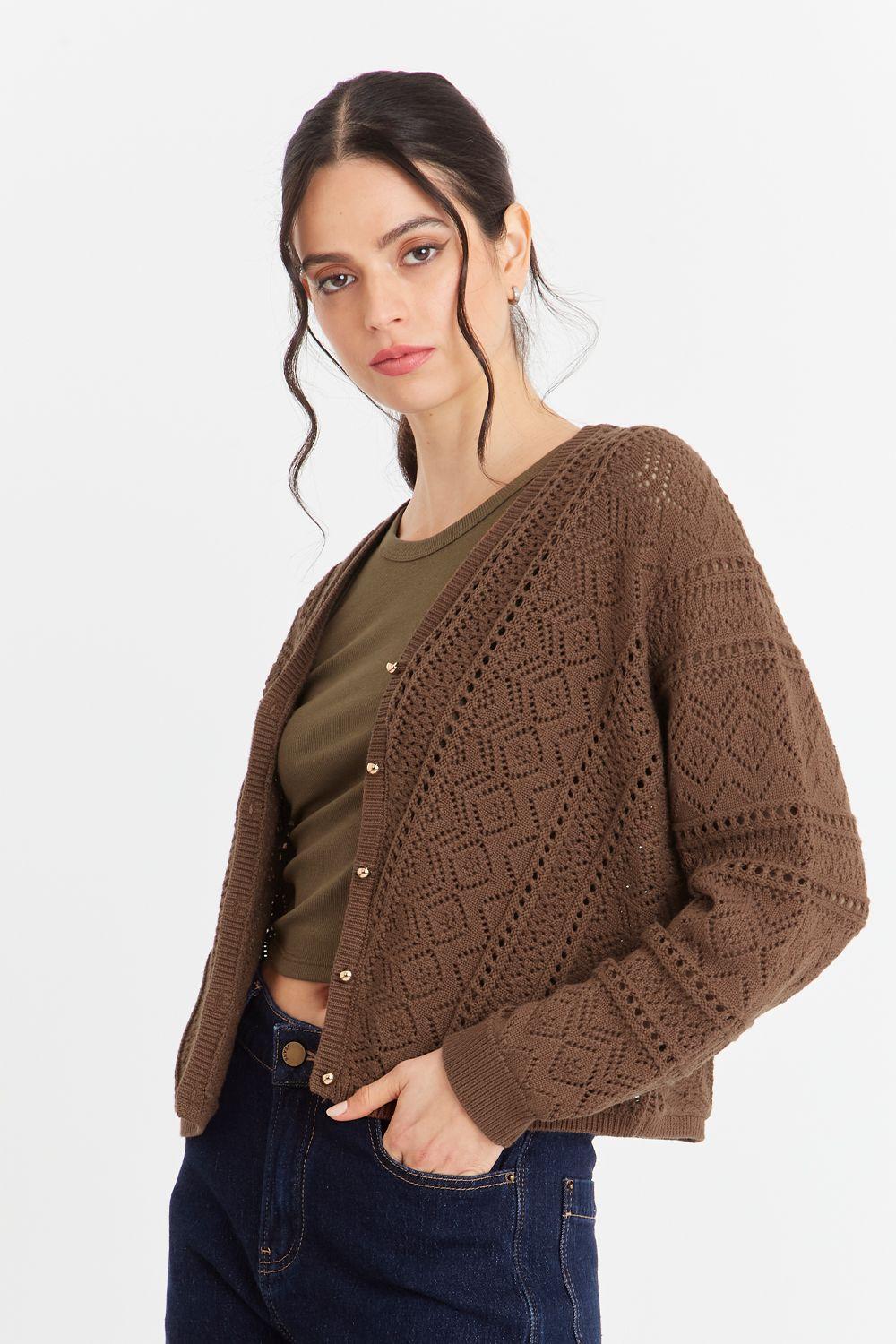 Cárdigan Tipo Crochet Botones Dorados Café Nicopoly-2