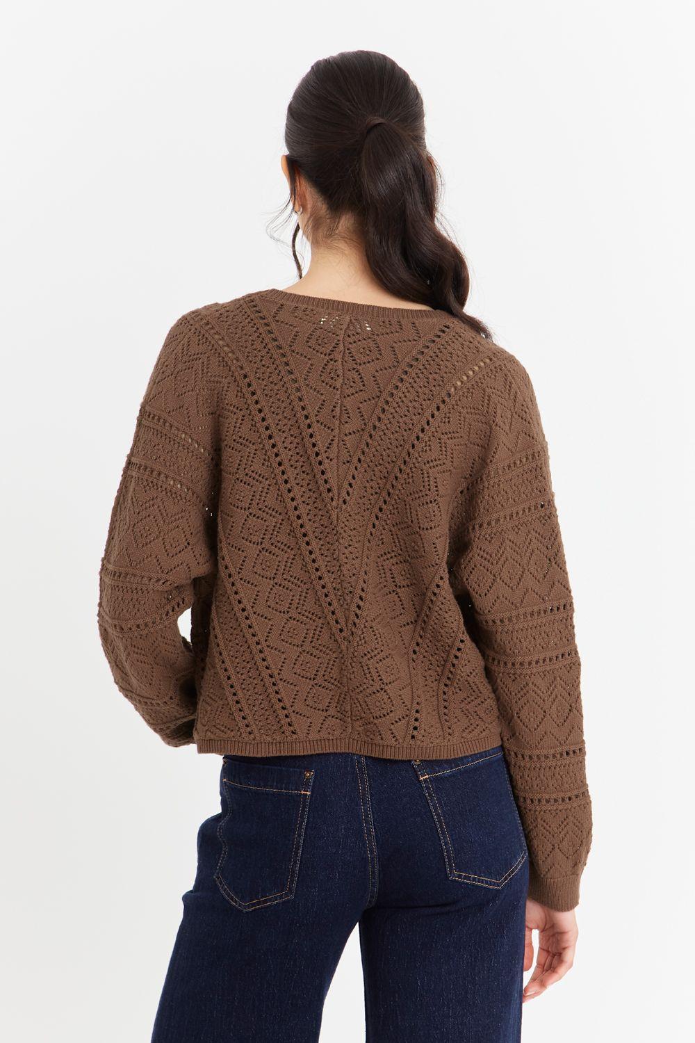 Cárdigan Tipo Crochet Botones Dorados Café Nicopoly-3