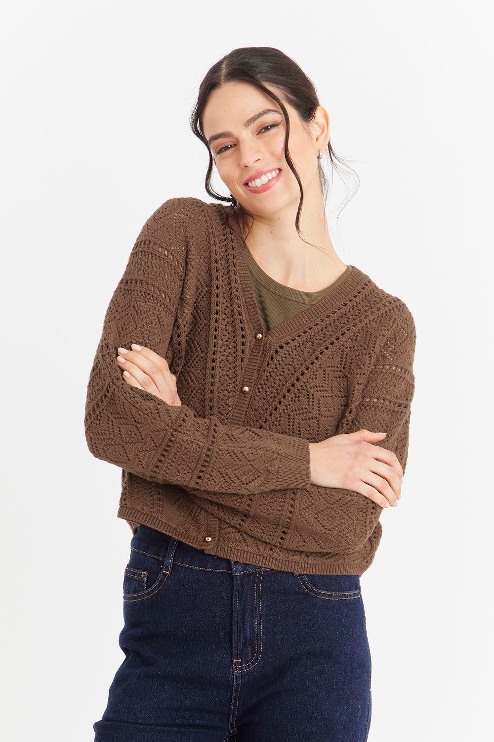 Cárdigan Tipo Crochet Botones Dorados Café Nicopoly-4