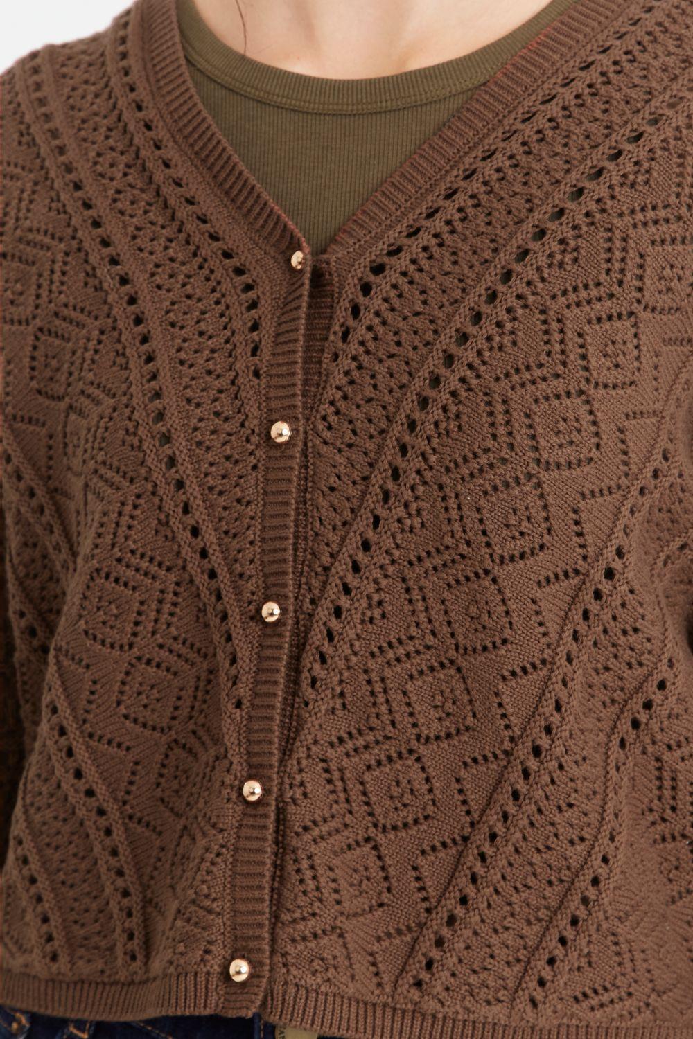 Cárdigan Tipo Crochet Botones Dorados Café Nicopoly-5