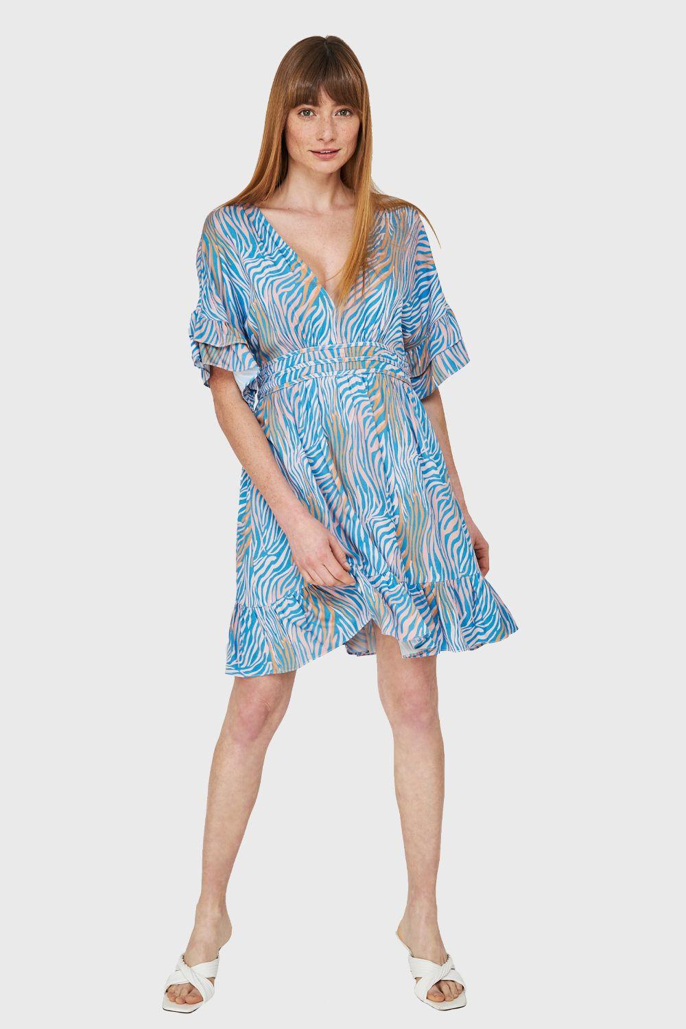 Vestido Corto Print Cebra Celeste Nicopoly-1