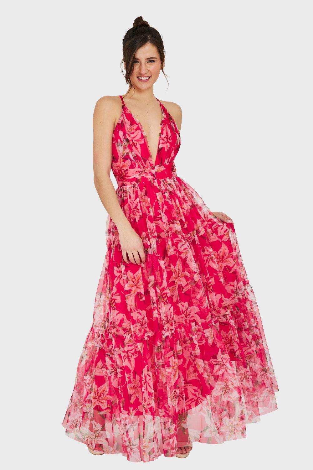 Maxi Vestido Corte Imperio Floral Fucsia Nicopoly-0