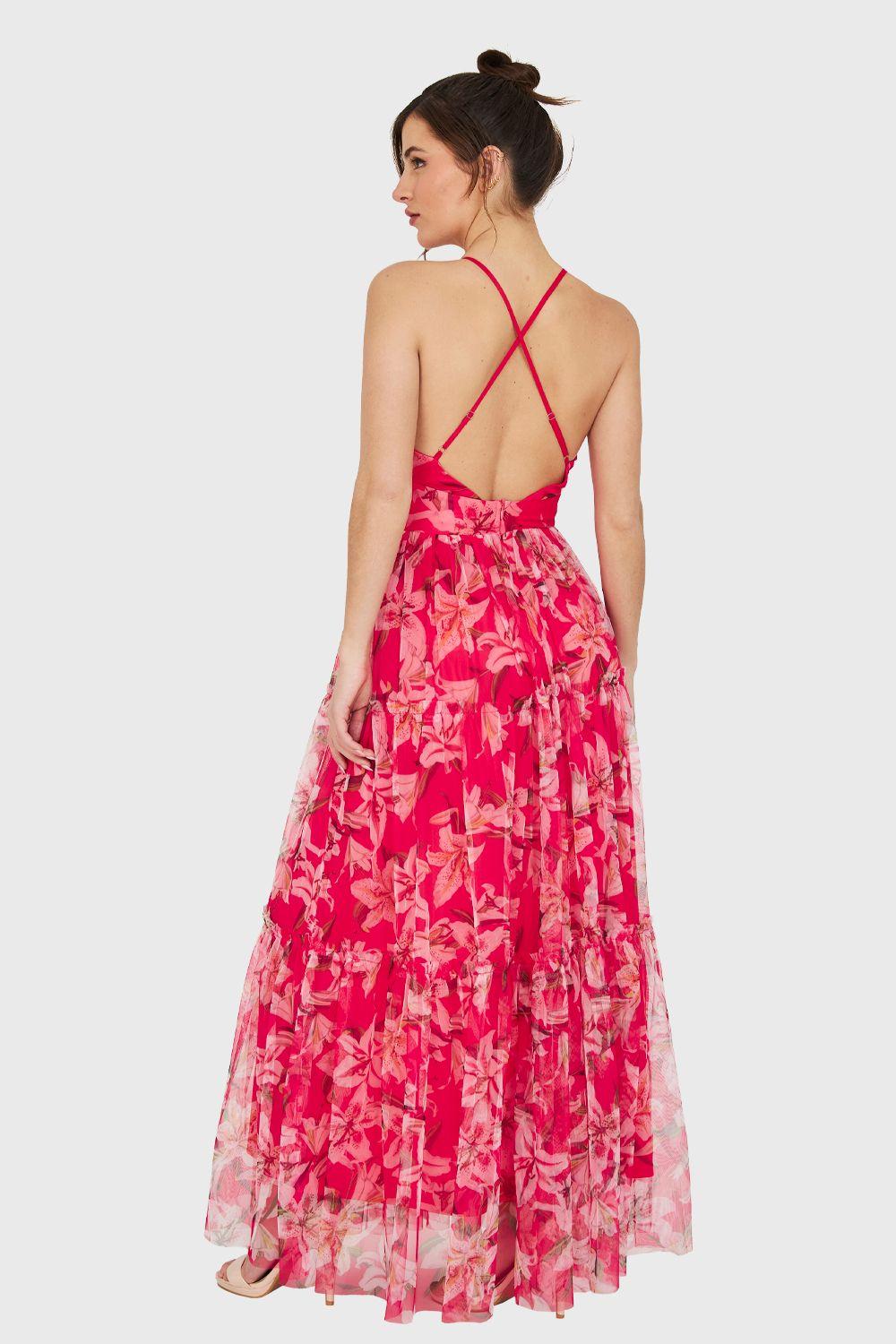 Maxi Vestido Corte Imperio Floral Fucsia Nicopoly-3