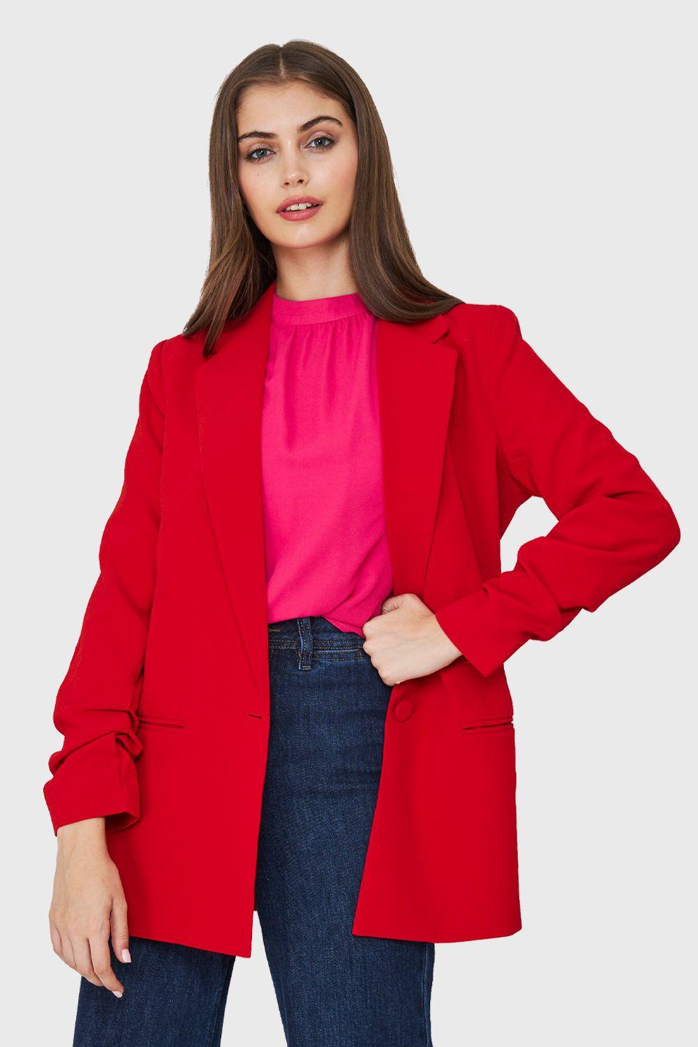 Blazer Largo Manga Drapeada Rojo Nicopoly-0