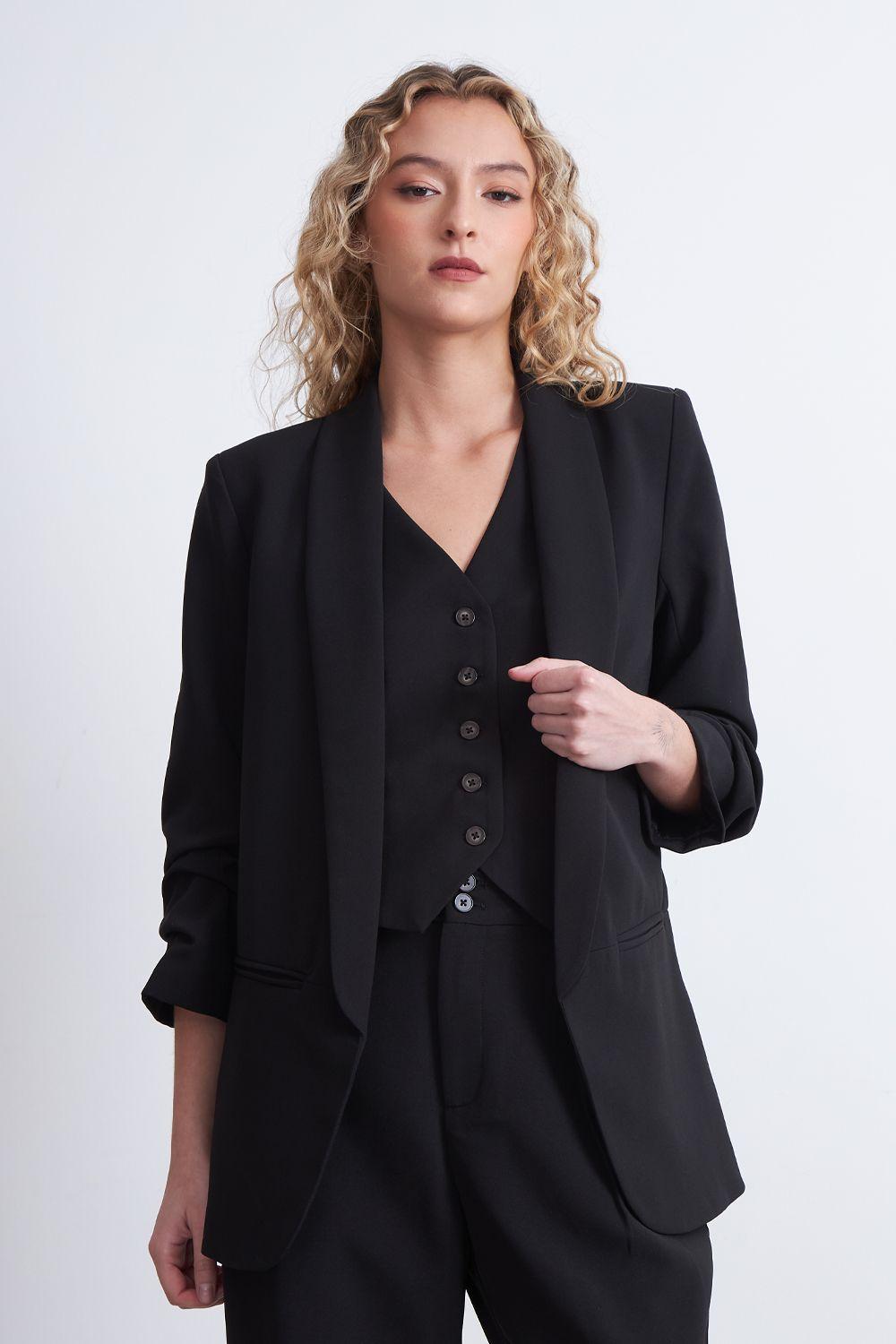Blazer Manga 3/4 Ajustado con Solapas Negro Nicopoly-0