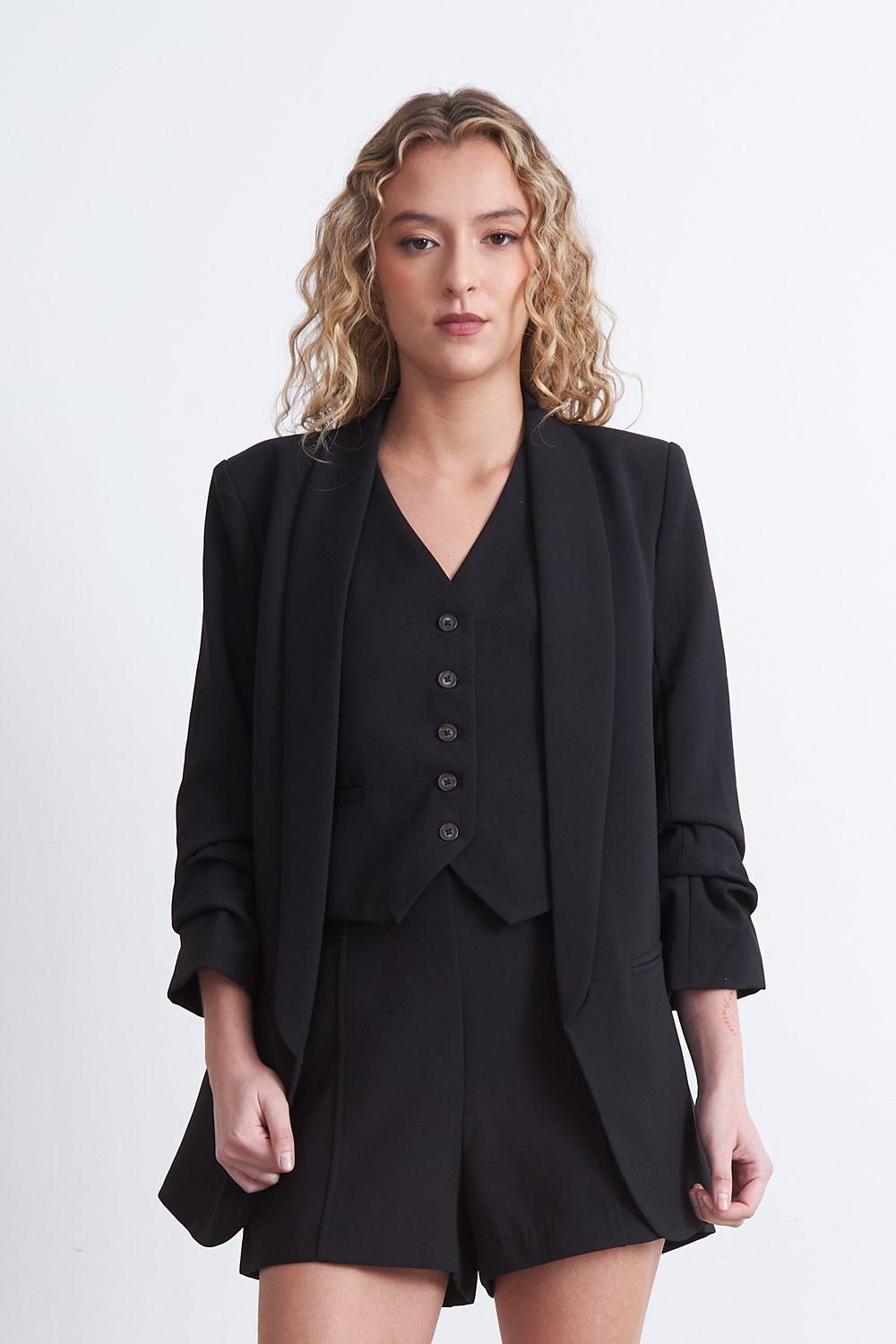 Blazer Manga 3/4 Ajustado con Solapas Negro Nicopoly-5