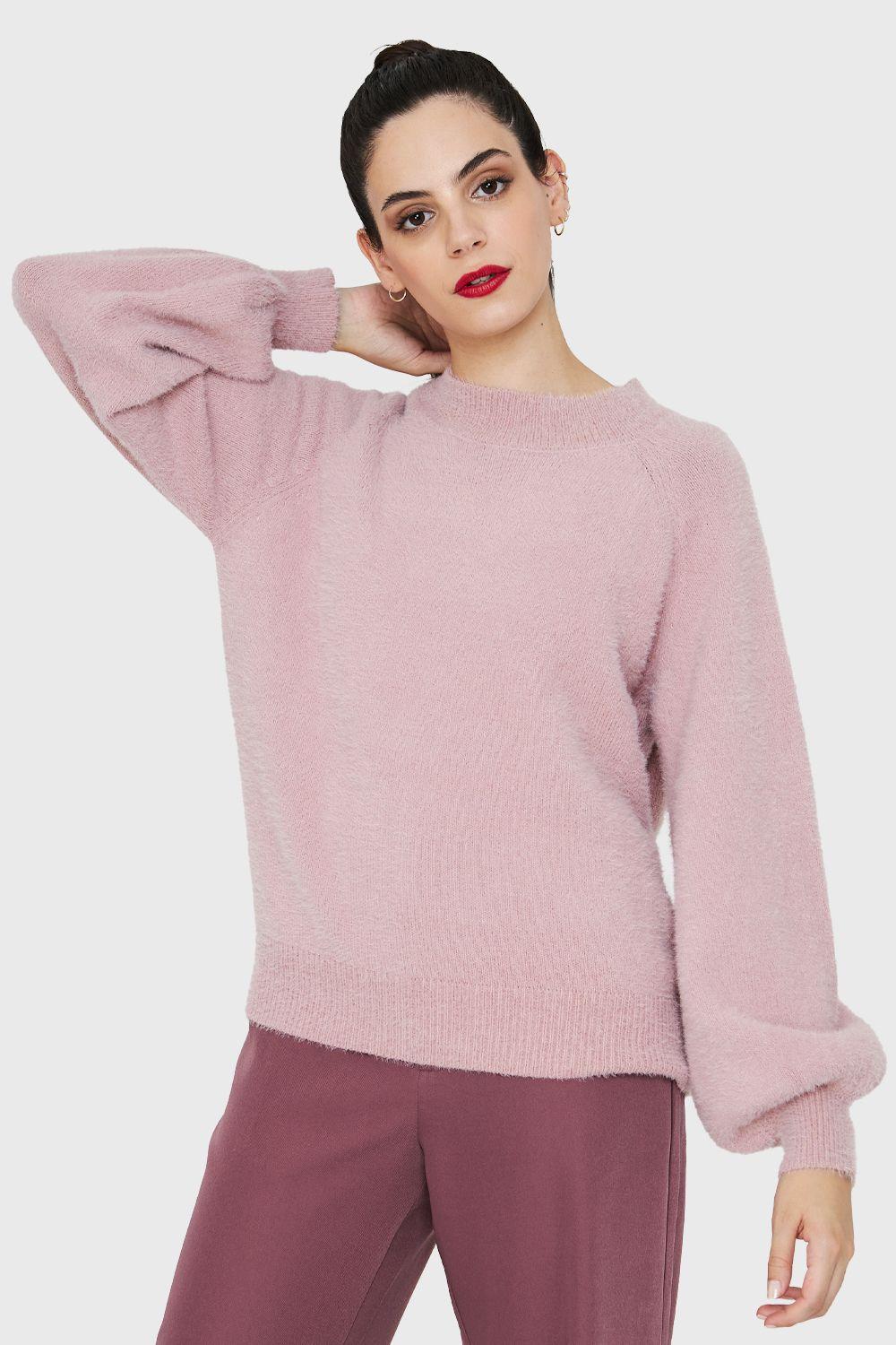 Sweater Peludito Manga Globo Rosa Nicopoly-0