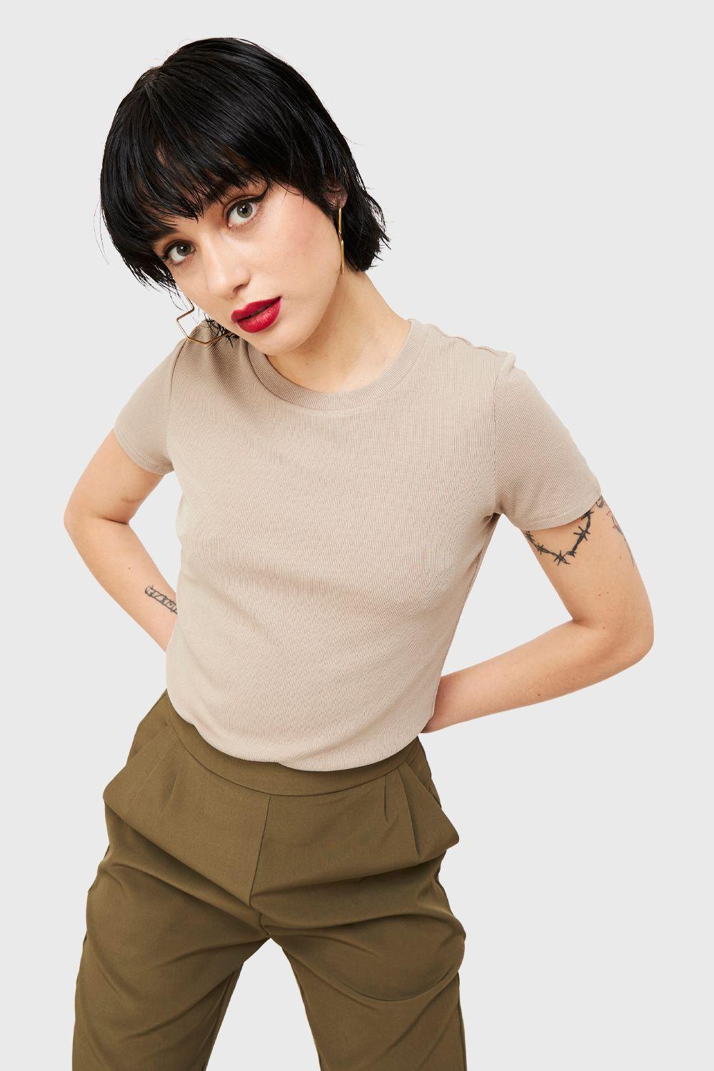 Polera Básica Manga Corta Khaki Nicopoly-0