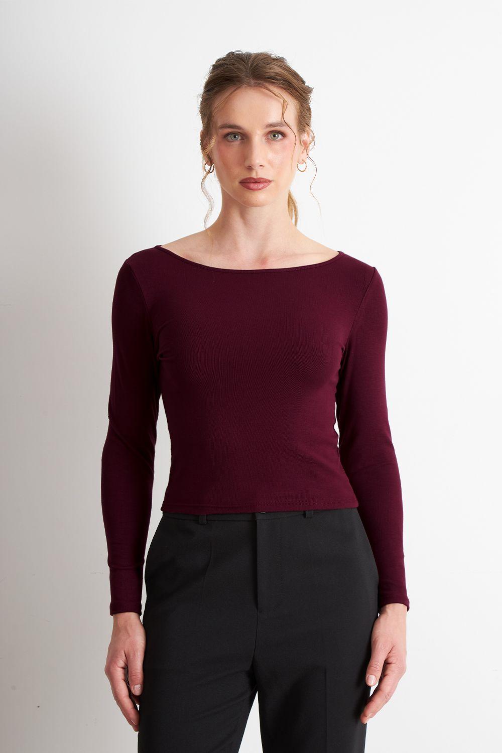 Polera Manga Larga Cuello Bote Burdeo Nicopoly-0