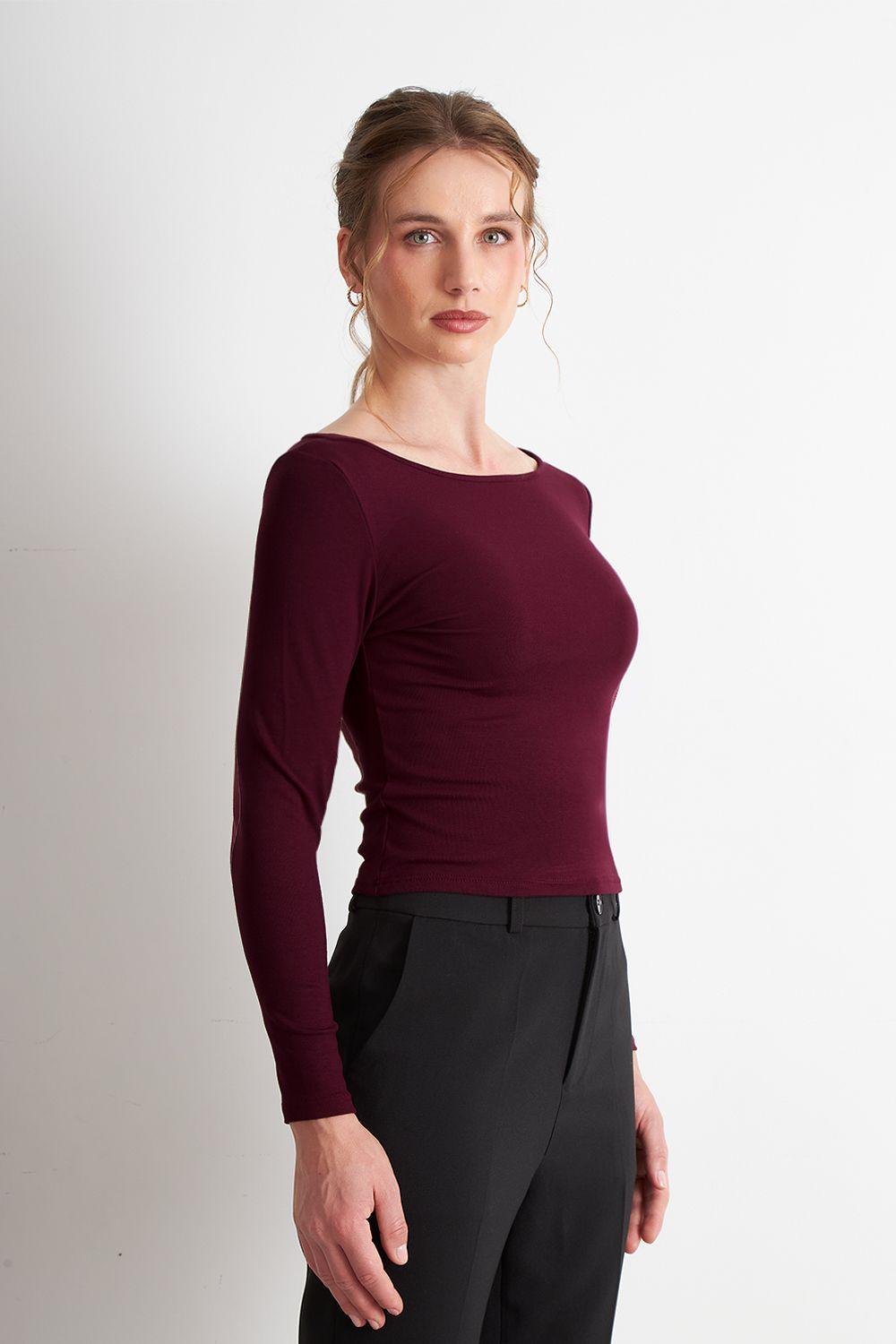 Polera Manga Larga Cuello Bote Burdeo Nicopoly-2