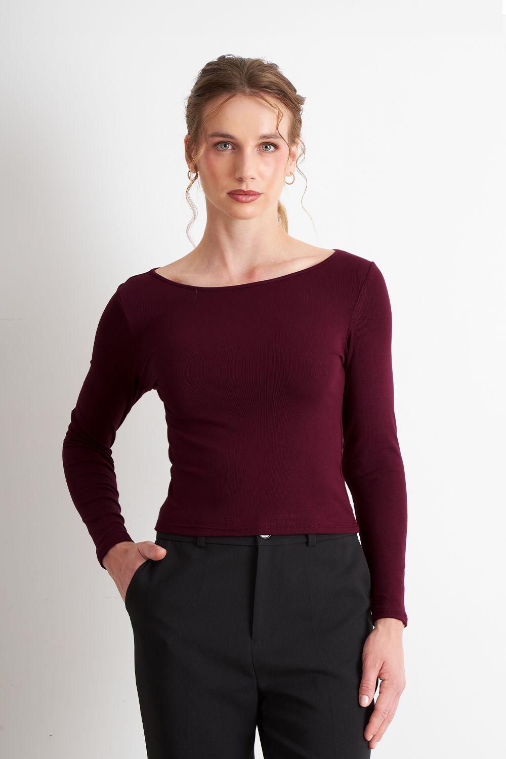 Polera Manga Larga Cuello Bote Burdeo Nicopoly-4