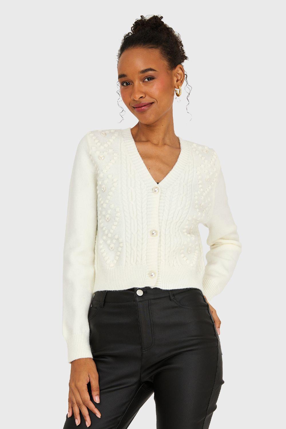 Cárdigan Crop Perlas Blanco Invierno Nicopoly-0