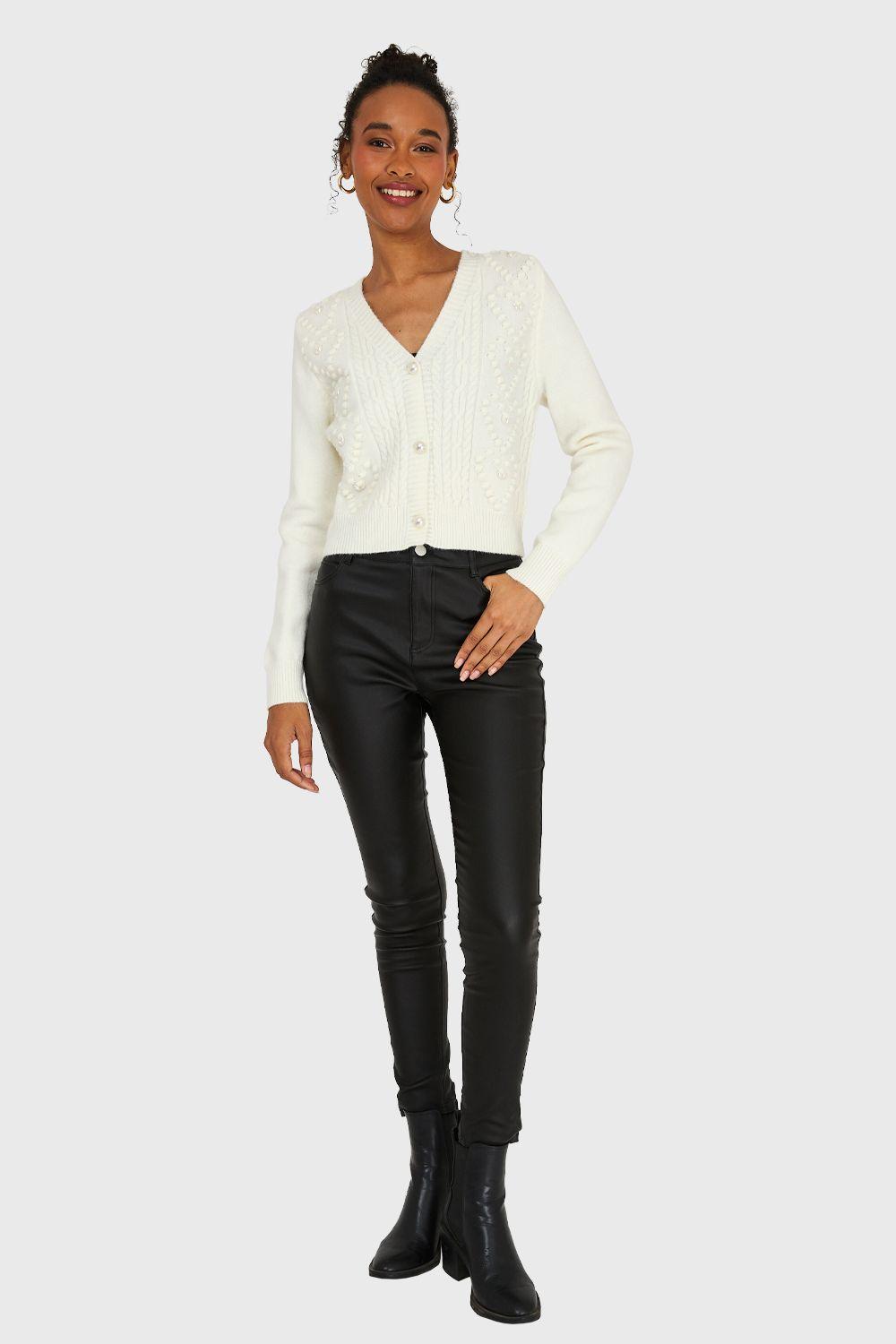 Cárdigan Crop Perlas Blanco Invierno Nicopoly-1