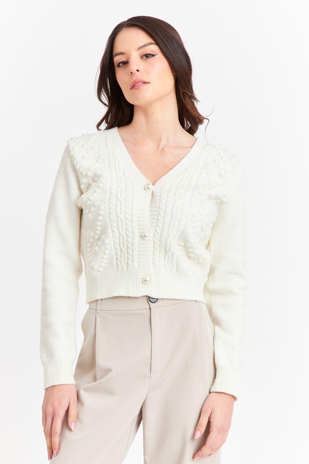 Cárdigan Crop Perlas Blanco Invierno Nicopoly-4