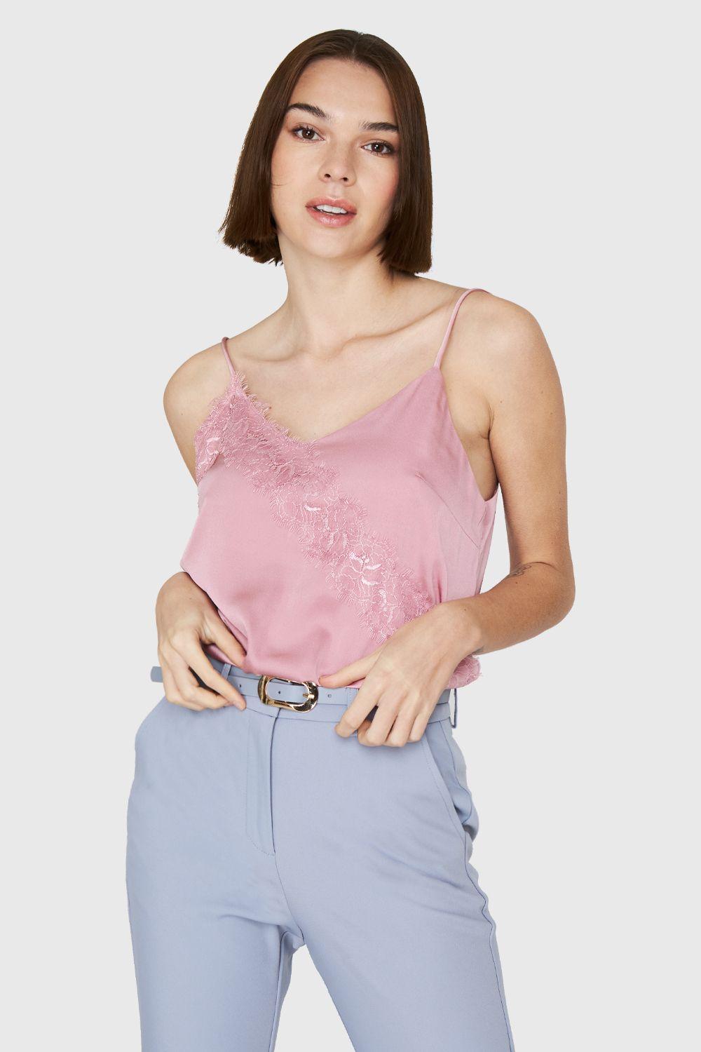 Top Tipo Satín Encaje Rosa Nicopoly-4
