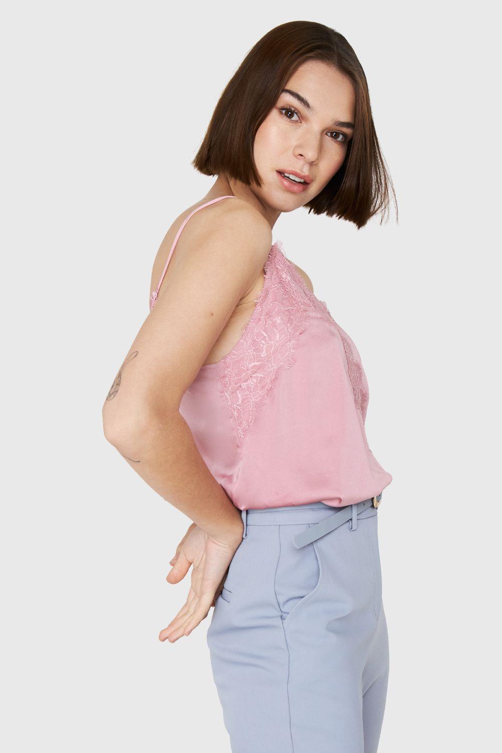 Top Tipo Satín Encaje Rosa Nicopoly-2