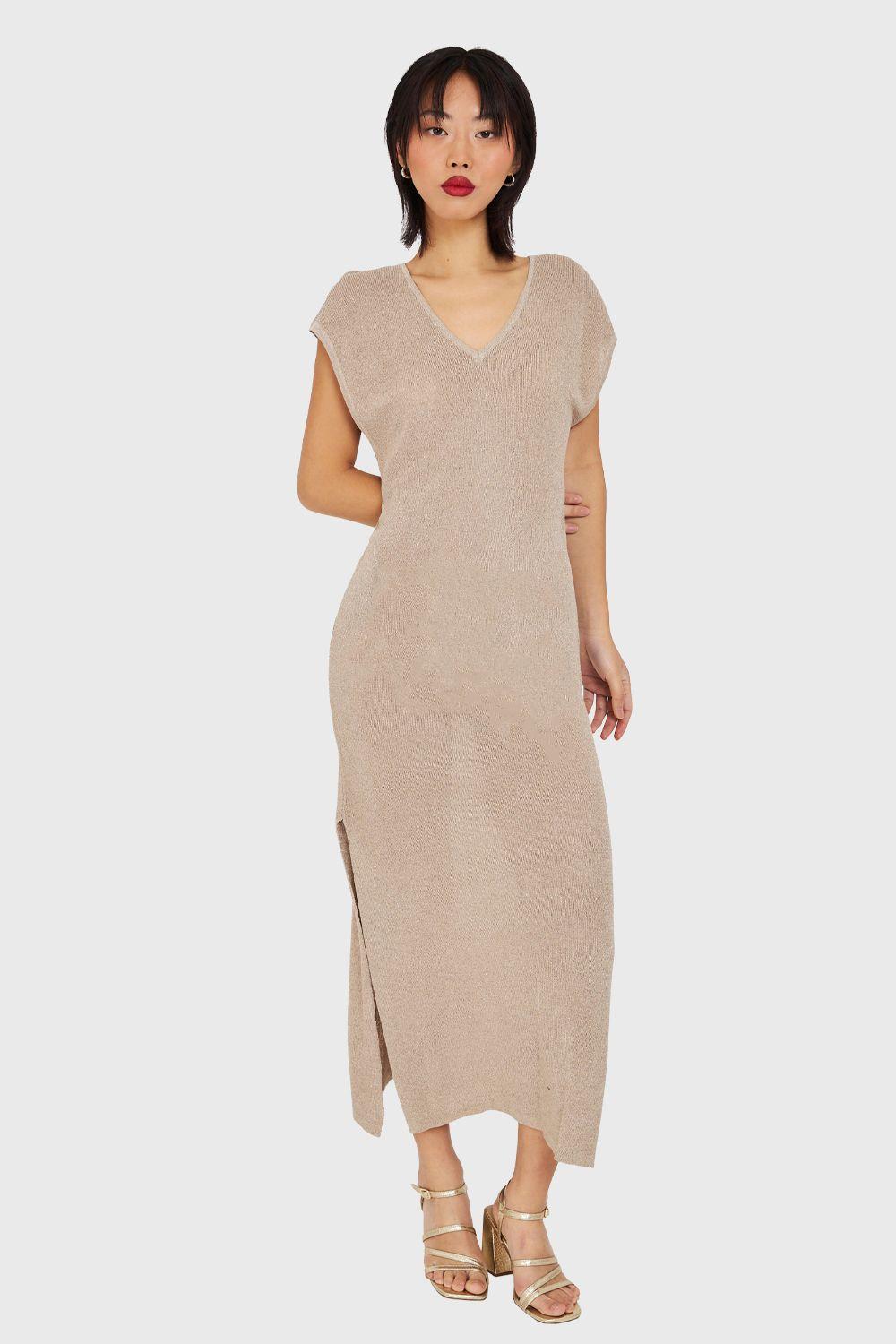 Vestido Holgado Con Brillos Khaki Nicopoly-0