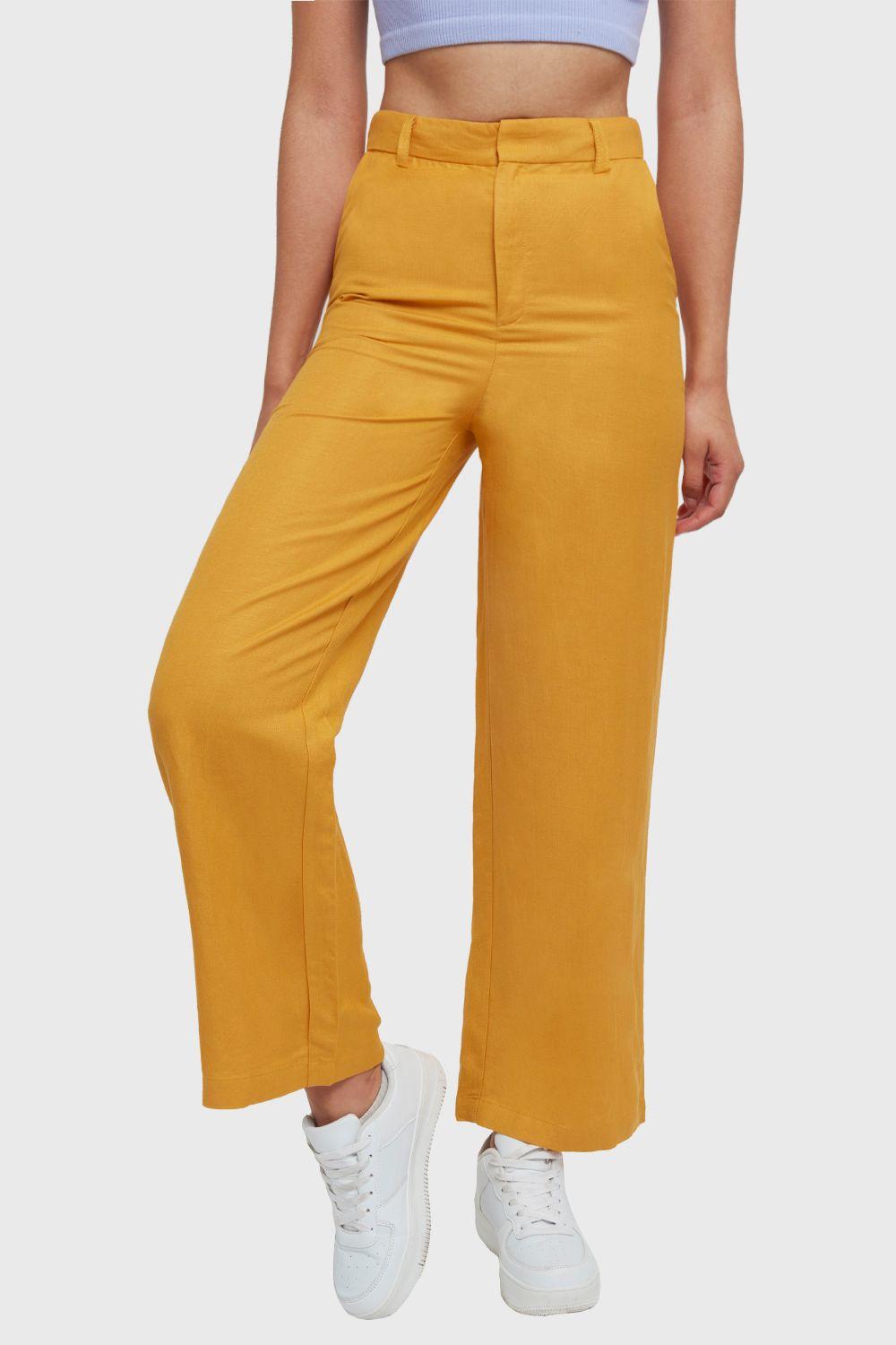 Pantalón Wide Leg Tipo Lino Amarillo Nicopoly-0