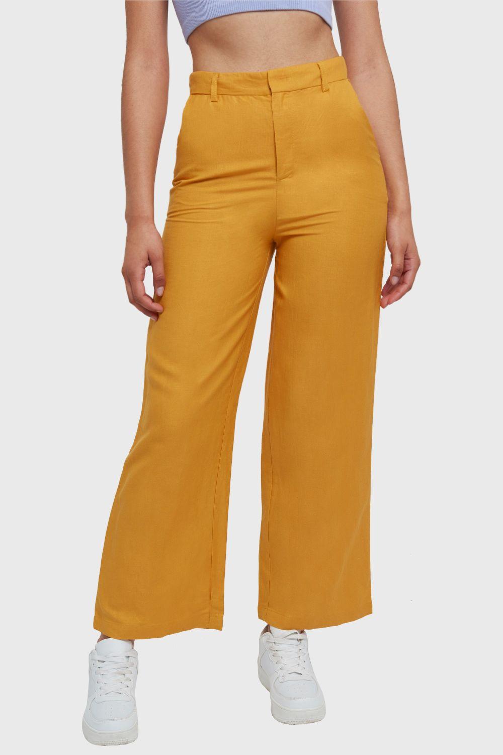 Pantalón Wide Leg Tipo Lino Amarillo Nicopoly-4
