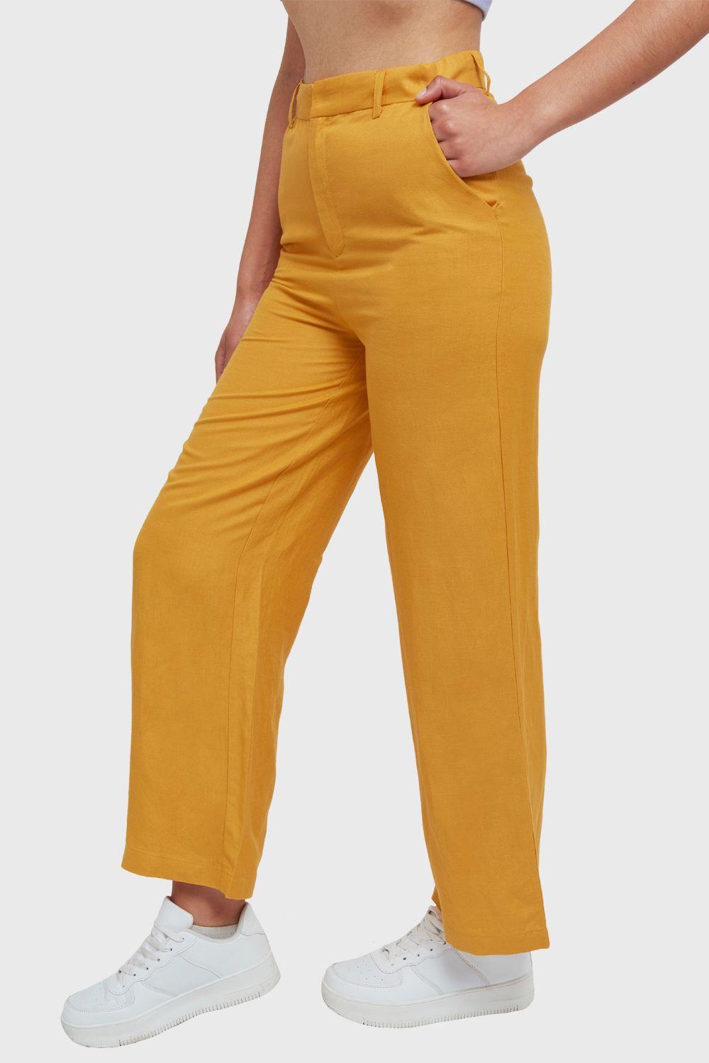 Pantalón Wide Leg Tipo Lino Amarillo Nicopoly-2