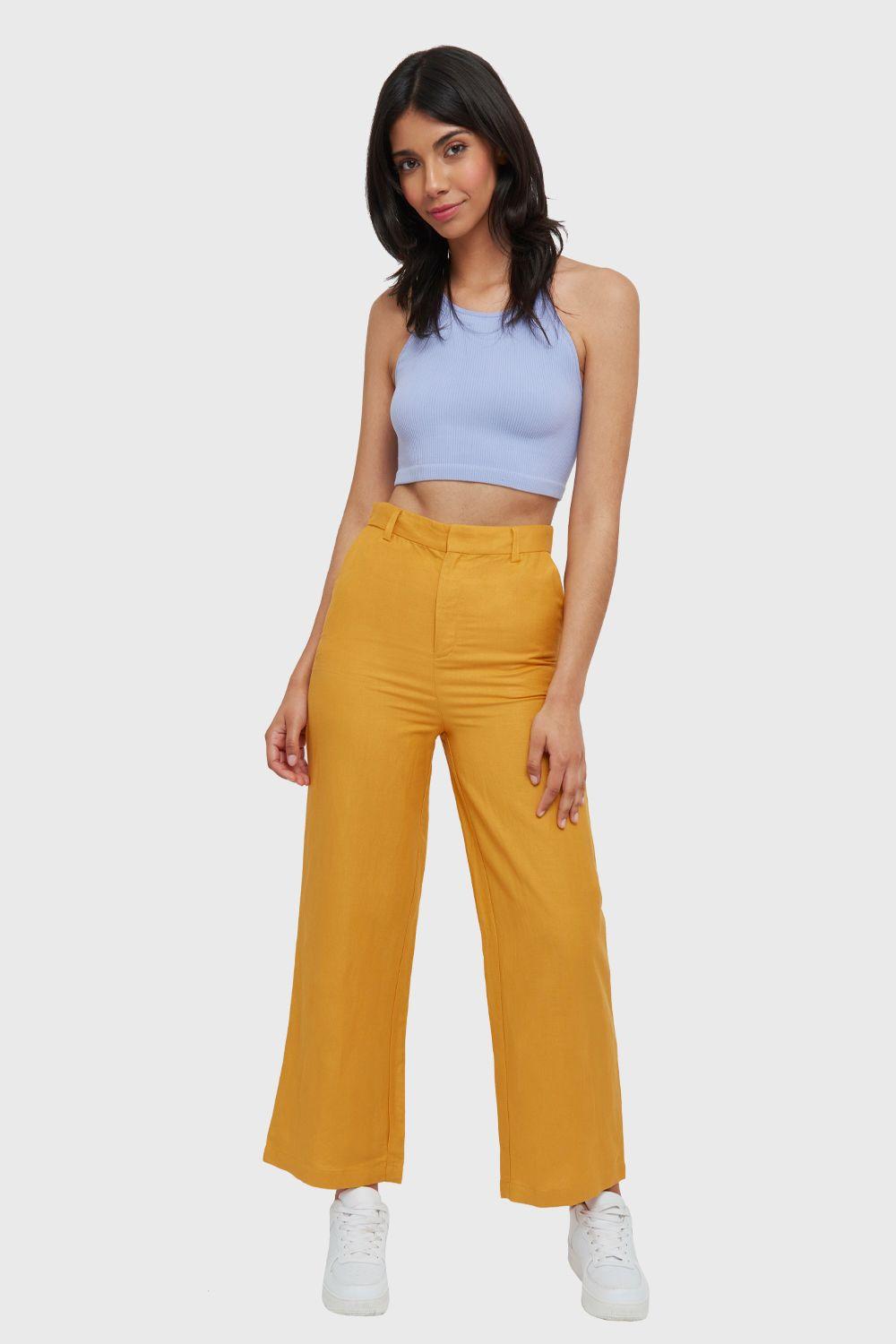 Pantalón Wide Leg Tipo Lino Amarillo Nicopoly-1