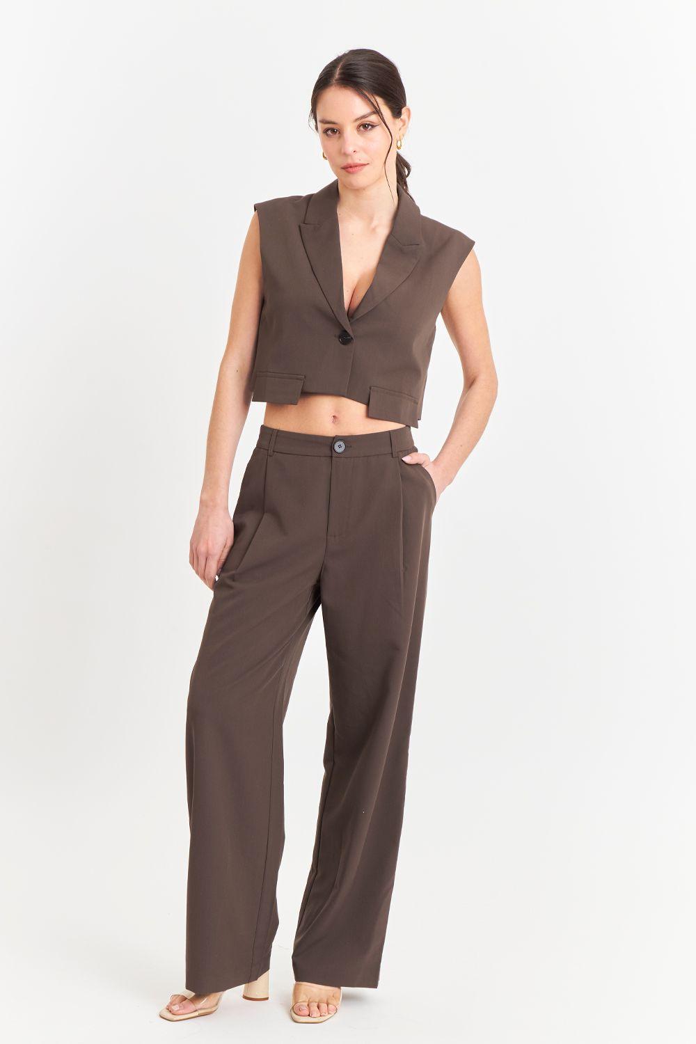 Gilet Crop con Solapa Café Nicopoly-1